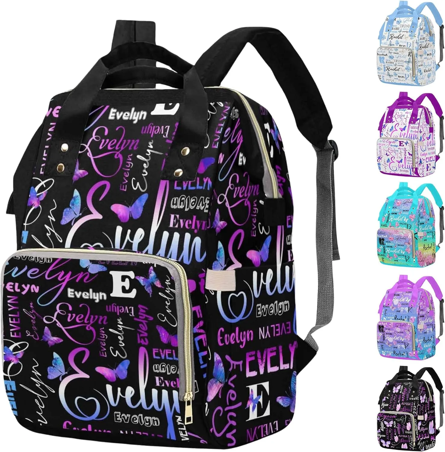 M YESCUSTOM Custom Diaper Bag Backpack for Girls Boys Large Capacity with Pockets Purple Butterfly Personalized Baby Diaper Bags for Mom Waterproof Nappy Baby Bag with Name Mothers Day Gift