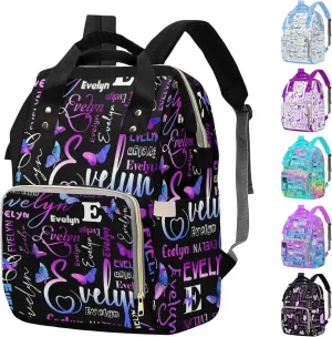 M YESCUSTOM Custom Diaper Bag Backpack for Girls Boys Large Capacity with Pockets Purple Butterfly Personalized Baby Diaper Bags for Mom Waterproof Nappy Baby Bag with Name Mothers Day Gift