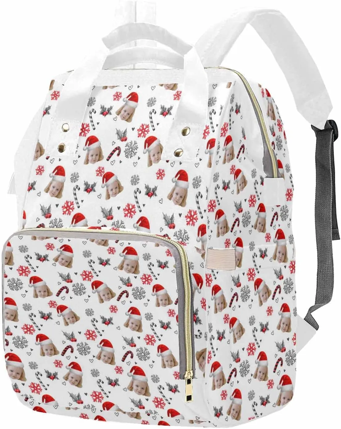 M YESCUSTOM Custom White Mommy Bag with Cute Photo, Customized Snowflake & Cherry Diaper Bags, Lovely Nylon Daypack with Large Capacity, Waterproof Organizer Backpack Holiday Gift for Women