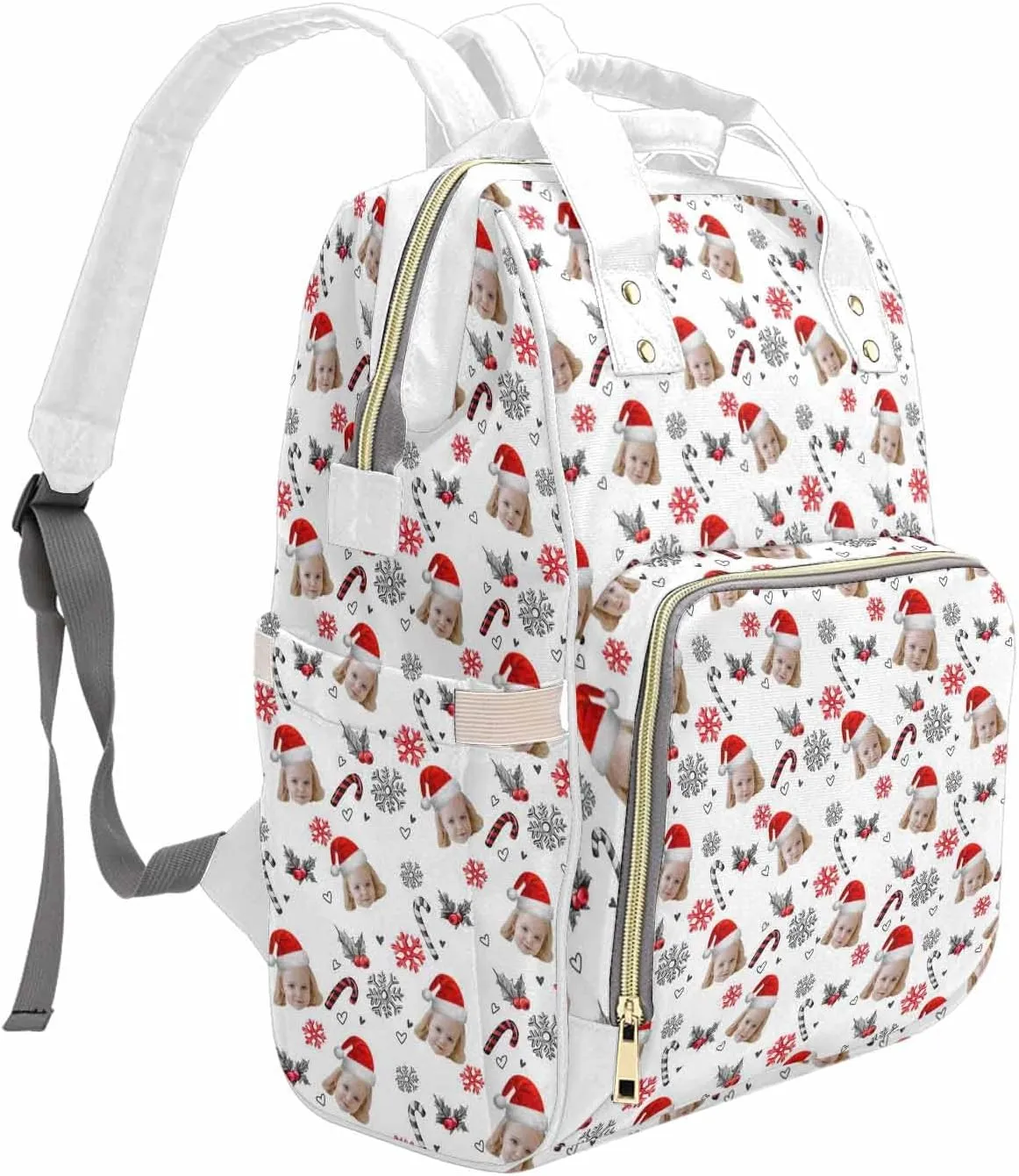 M YESCUSTOM Custom White Mommy Bag with Cute Photo, Customized Snowflake & Cherry Diaper Bags, Lovely Nylon Daypack with Large Capacity, Waterproof Organizer Backpack Holiday Gift for Women
