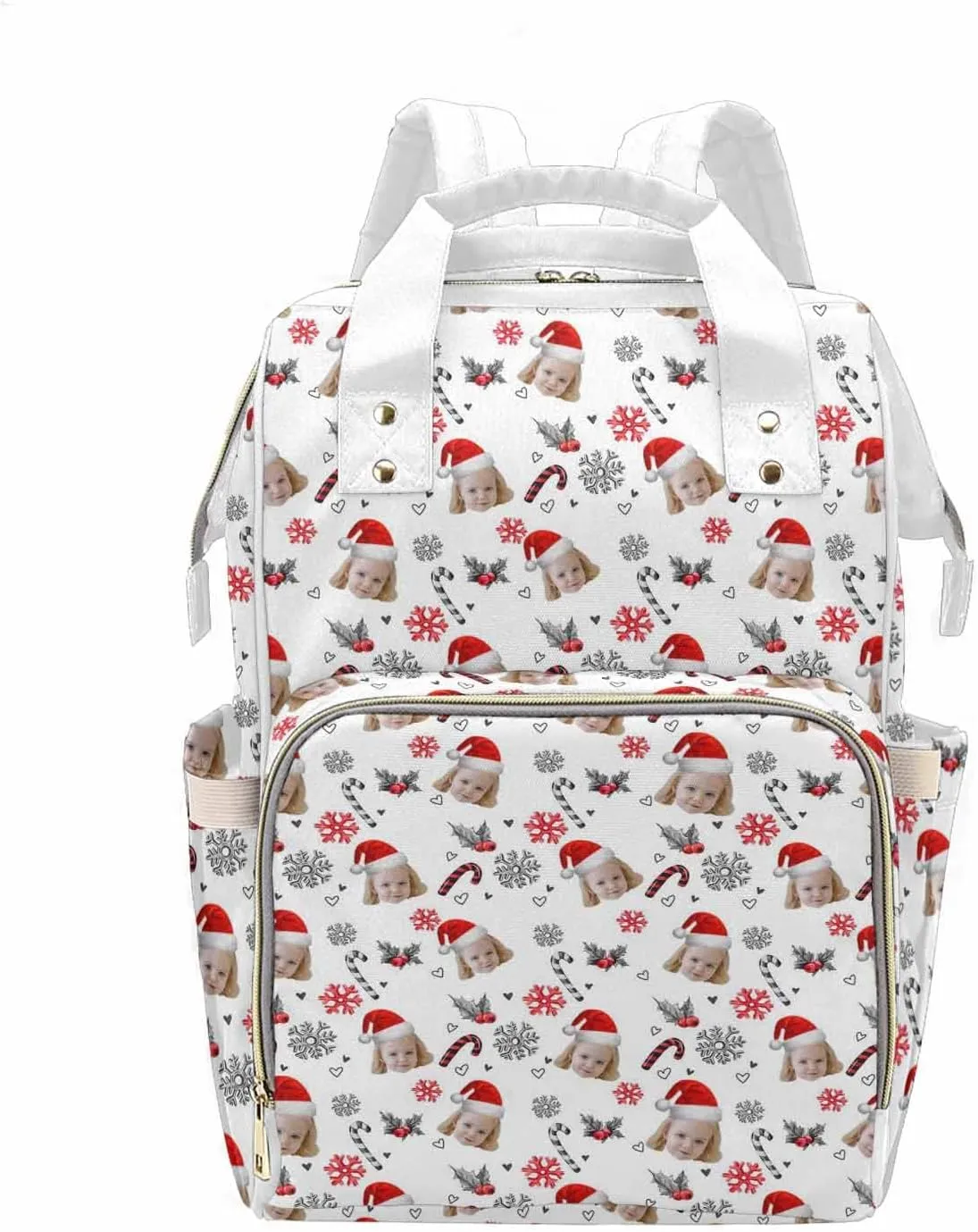M YESCUSTOM Custom White Mommy Bag with Cute Photo, Customized Snowflake & Cherry Diaper Bags, Lovely Nylon Daypack with Large Capacity, Waterproof Organizer Backpack Holiday Gift for Women
