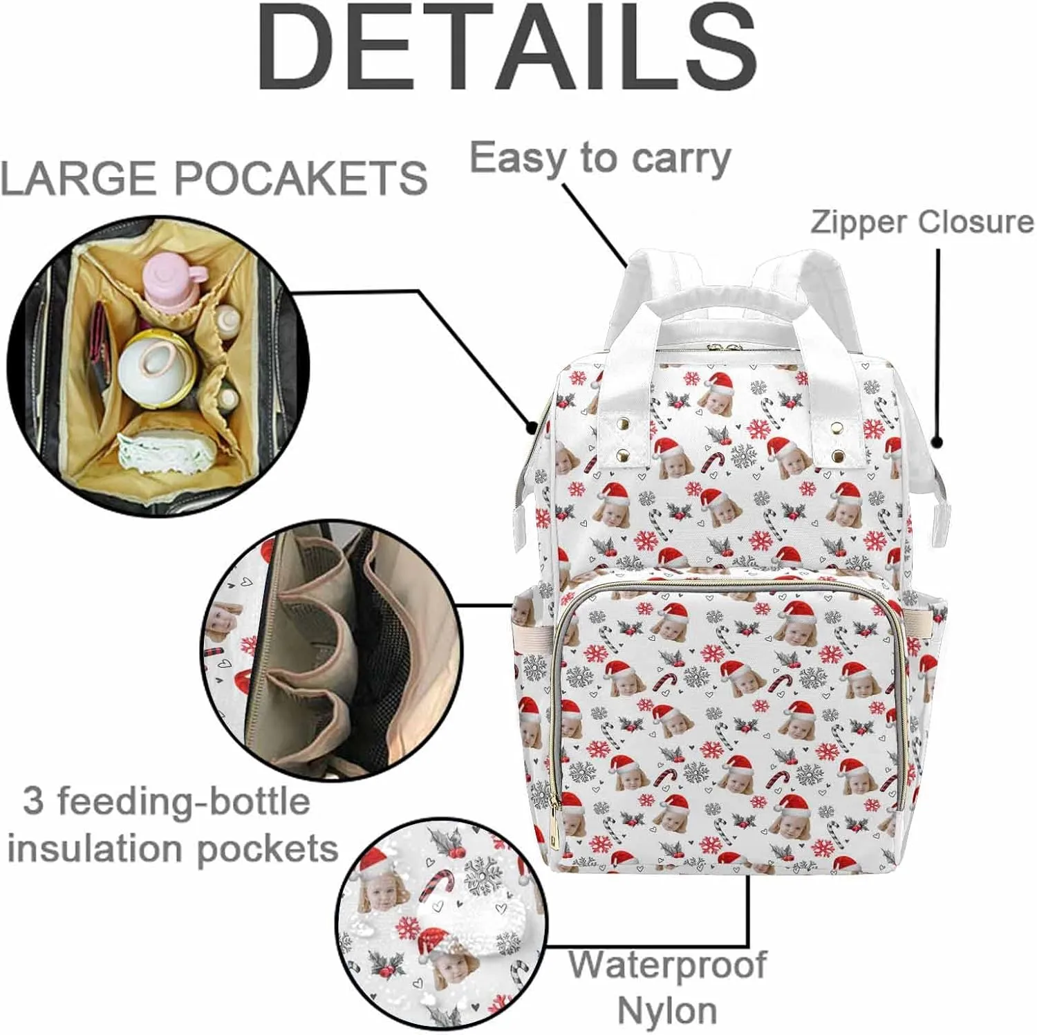 M YESCUSTOM Custom White Mommy Bag with Cute Photo, Customized Snowflake & Cherry Diaper Bags, Lovely Nylon Daypack with Large Capacity, Waterproof Organizer Backpack Holiday Gift for Women