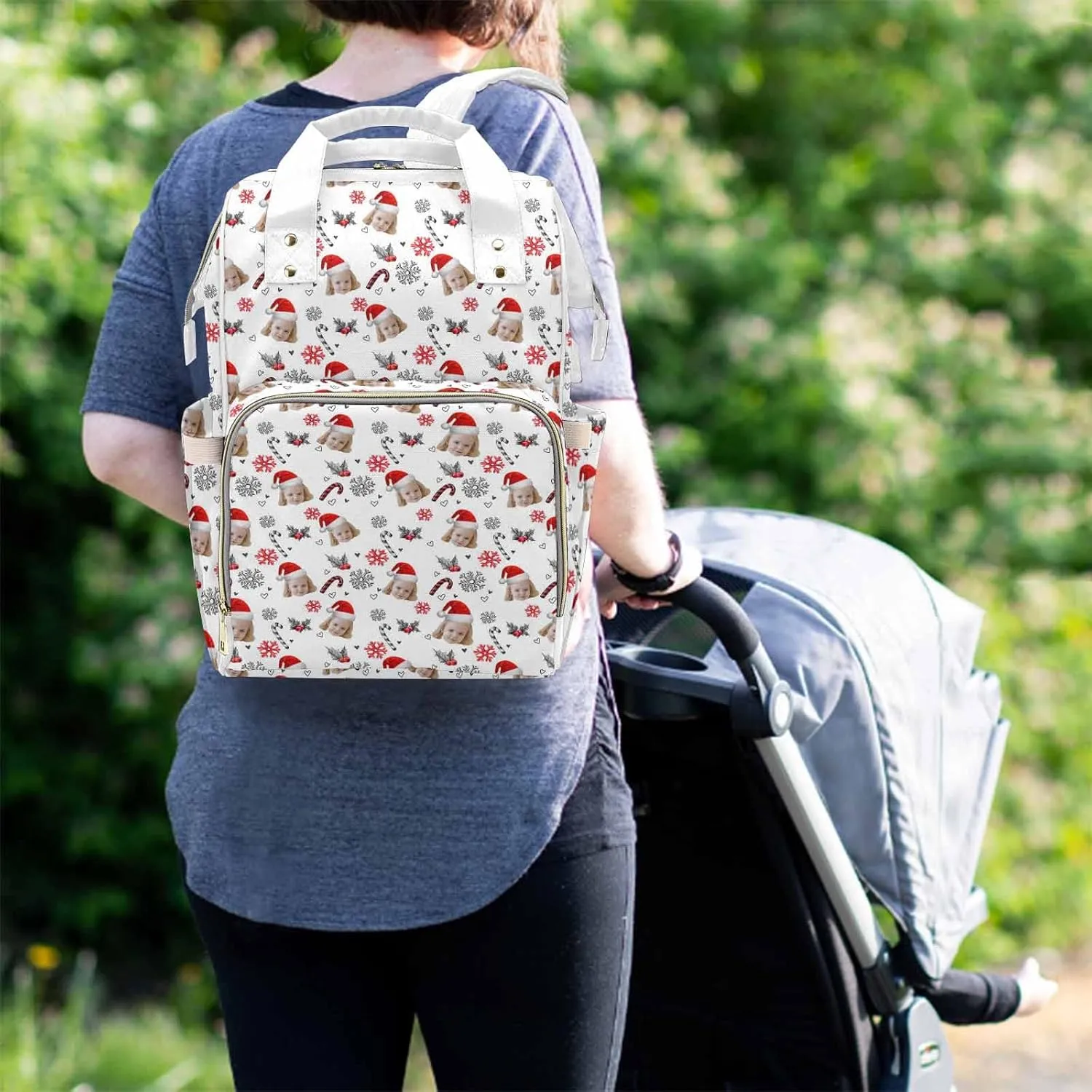 M YESCUSTOM Custom White Mommy Bag with Cute Photo, Customized Snowflake & Cherry Diaper Bags, Lovely Nylon Daypack with Large Capacity, Waterproof Organizer Backpack Holiday Gift for Women