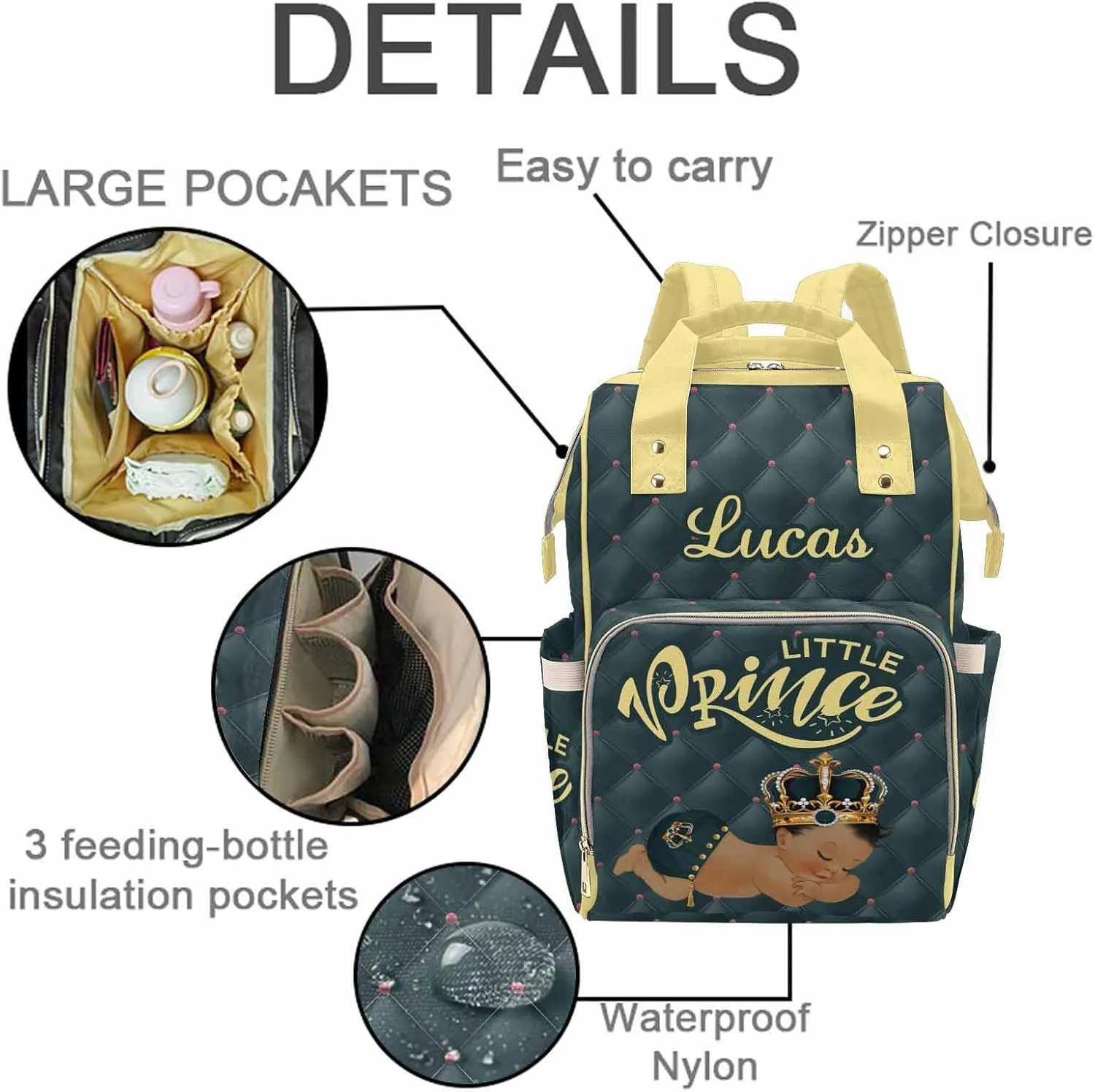 M YESCUSTOM Personalized Baby Diaper Bags for Women Men, Custom Blue Prince Backpack Customized Nappy Mommy Bag Backpack for Son Daughter Travel, Camping, Hiking Picnic