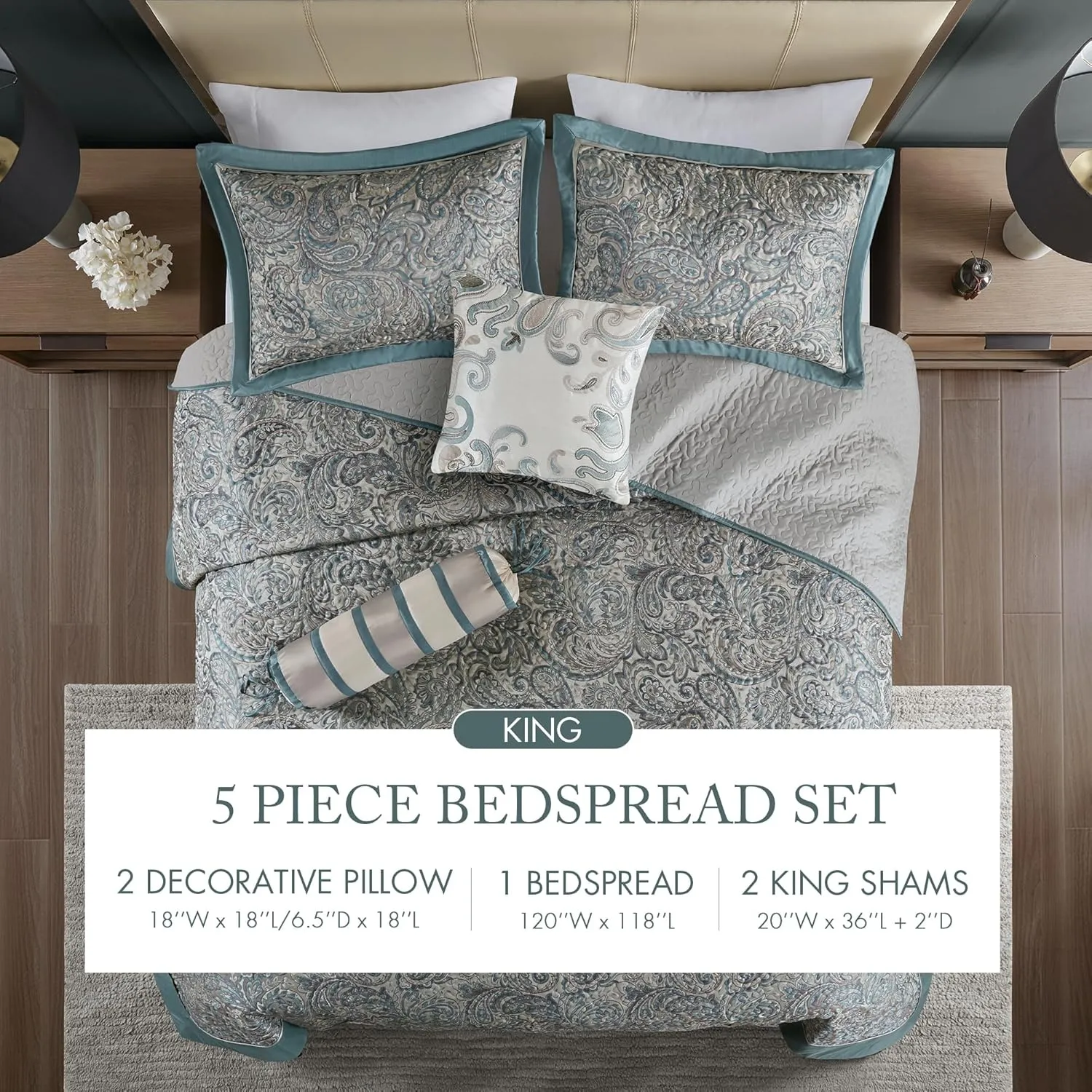 Madison Park Aubrey Reversible Quilted Bedspread Set, Solid Reverse Summer Breathable, Lightweight All Season Bedding Layer, Matching Shams, Bedspread King(120"x118") Teal 5 Piece