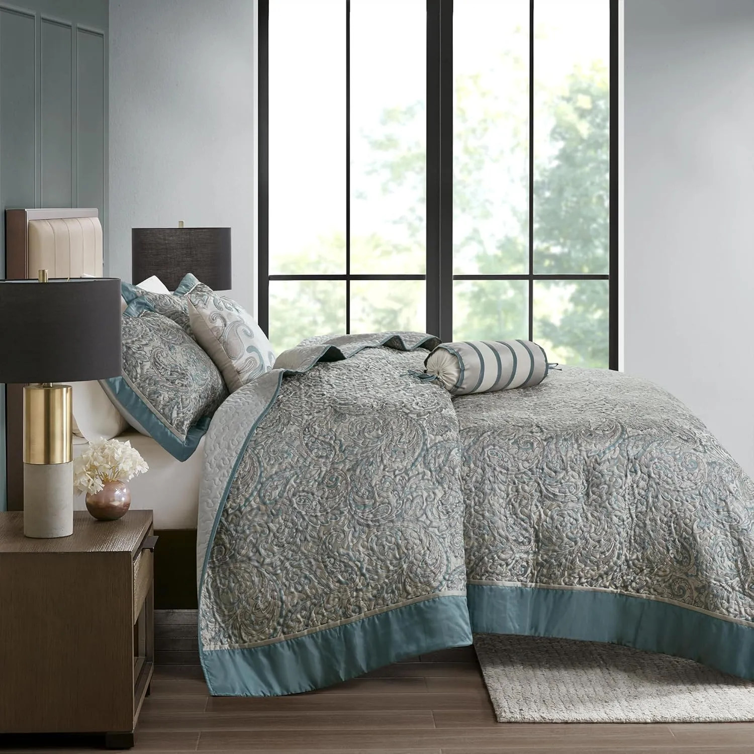 Madison Park Aubrey Reversible Quilted Bedspread Set, Solid Reverse Summer Breathable, Lightweight All Season Bedding Layer, Matching Shams, Bedspread King(120"x118") Teal 5 Piece