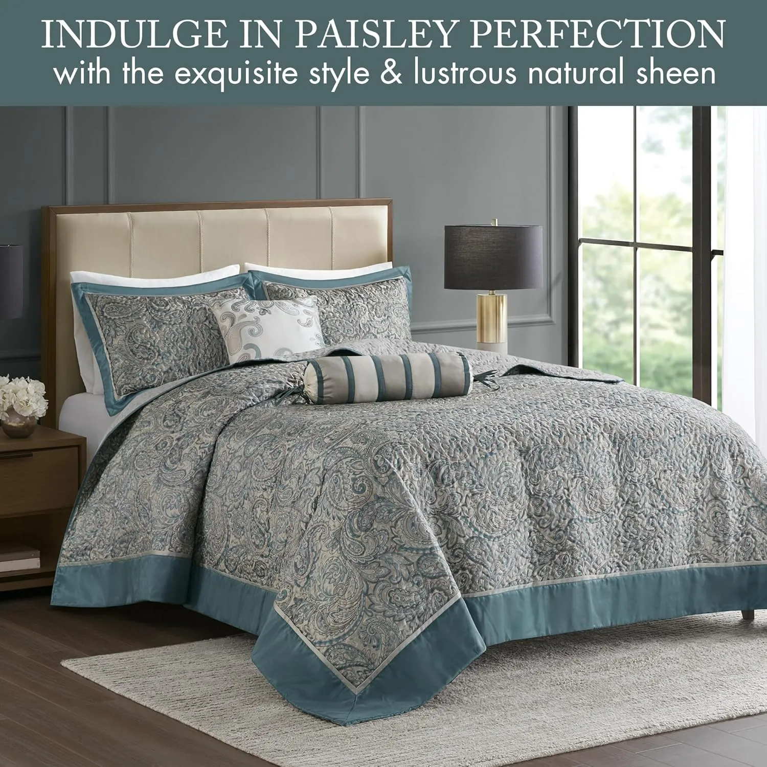Madison Park Aubrey Reversible Quilted Bedspread Set, Solid Reverse Summer Breathable, Lightweight All Season Bedding Layer, Matching Shams, Bedspread King(120"x118") Teal 5 Piece