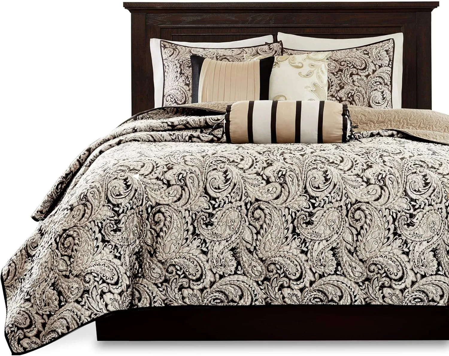 Madison Park Quilt Traditional Damask Design All Season, Lightweight Coverlet Bedspread Bedding Set, Matching Shams, Pillows, King/Cal King(104"x94"), Aubrey, Jacquard Paisley Black, 6 Piece