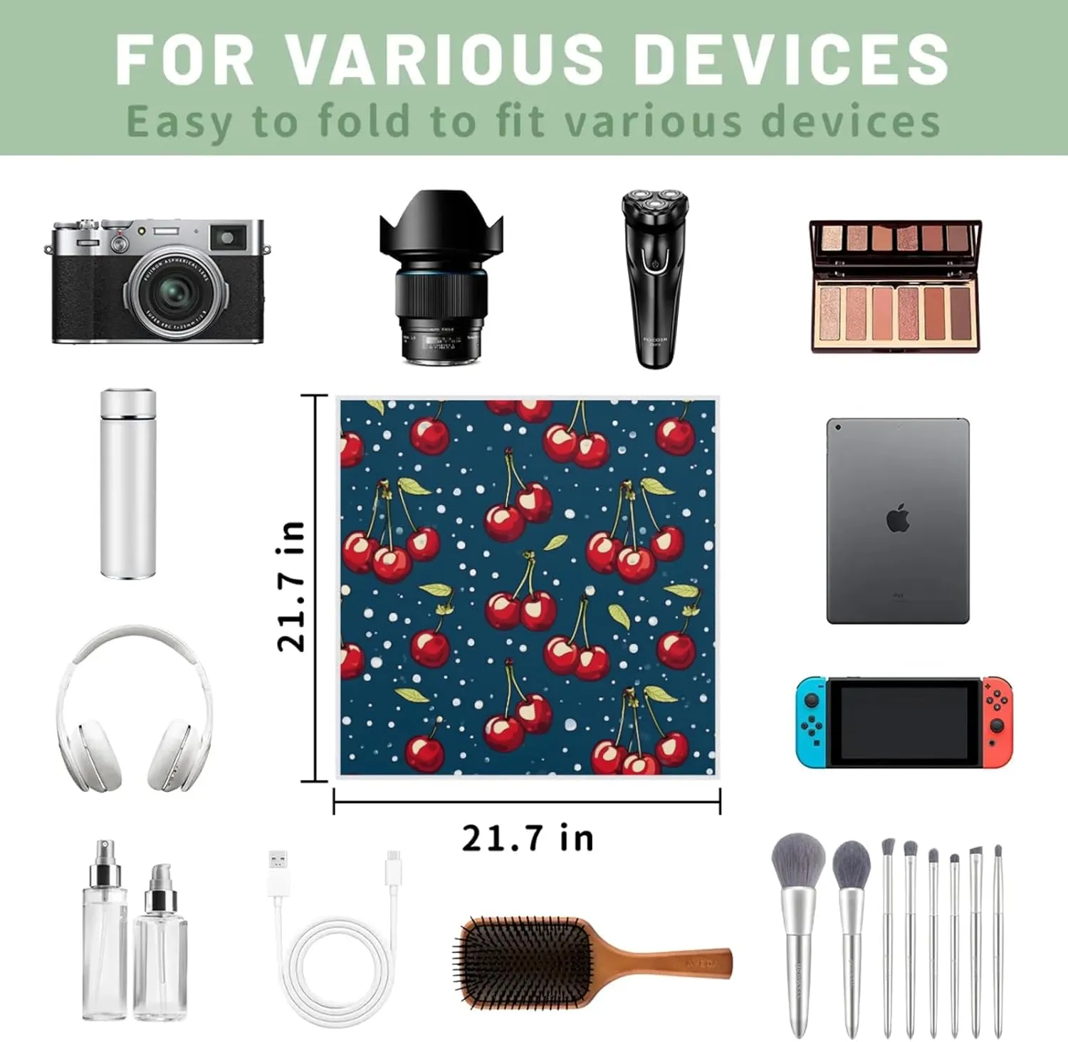Magic Cosmetics Pouch Cherry Style Self-Adhesive Camera Cover Cloth Protective Foldable Makeup Bag for Lens Cat Makeup Bag 21.7x21.7