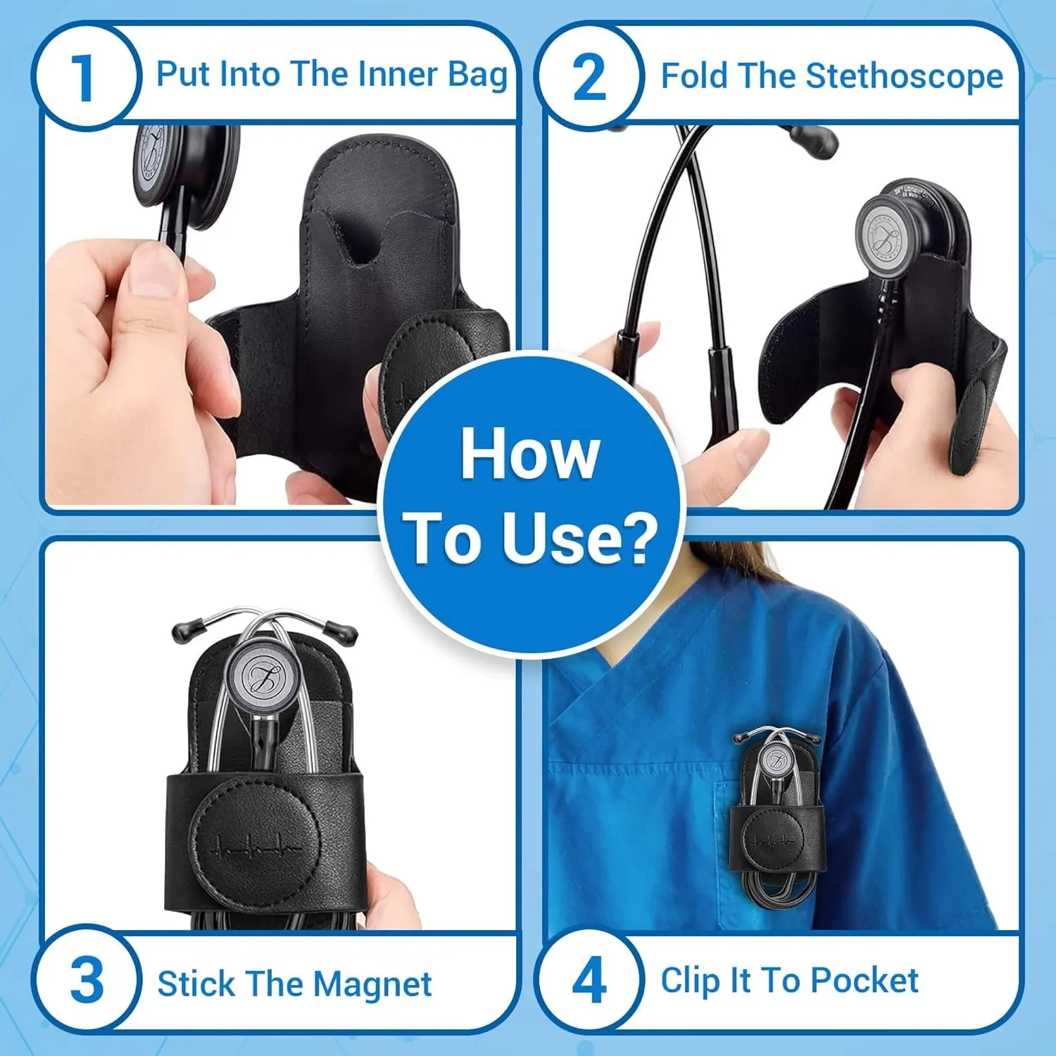 Magnetic Stethoscope Holder Hip Clip for 3M Littmann Stethoscope, MDF, & More - PU Leather Stethoscope Holster Great for RN, MD, EMT, & Medical Student | Nurse Accessories for Work. (Black)