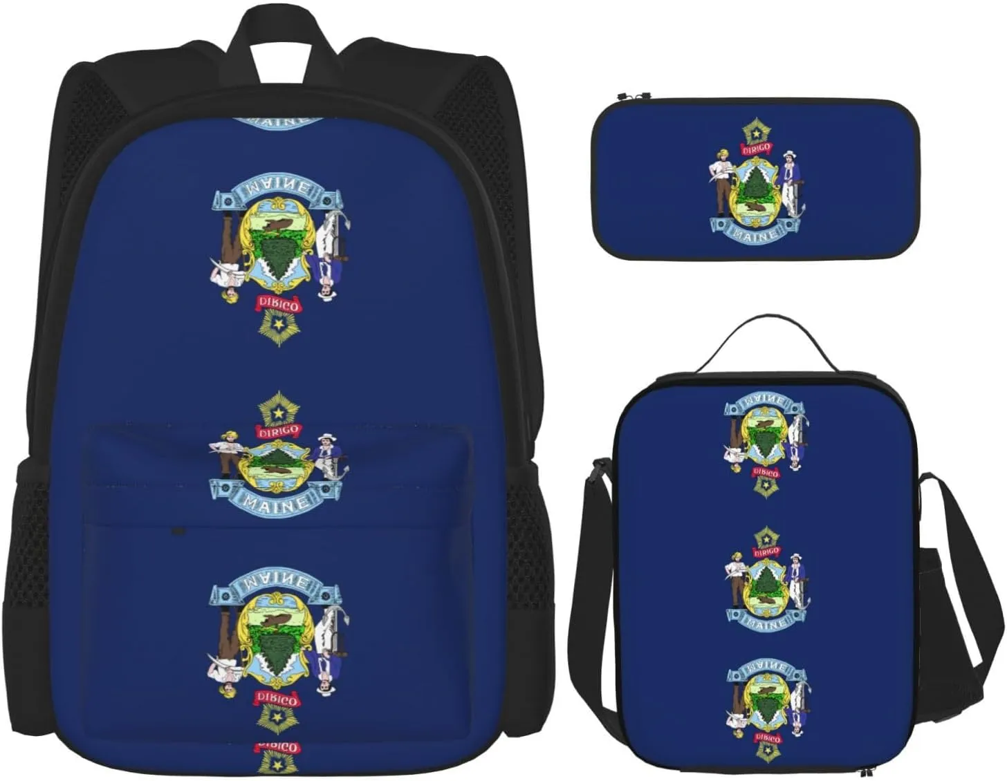 Maine State Flag Print 3 In 1 Set With Lunch Box Pencil Bag Backpack Set Computer Bag Casual For Gym Beach Travel, Black