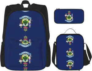 Maine State Flag Print 3 In 1 Set With Lunch Box Pencil Bag Backpack Set Computer Bag Casual For Gym Beach Travel, Black
