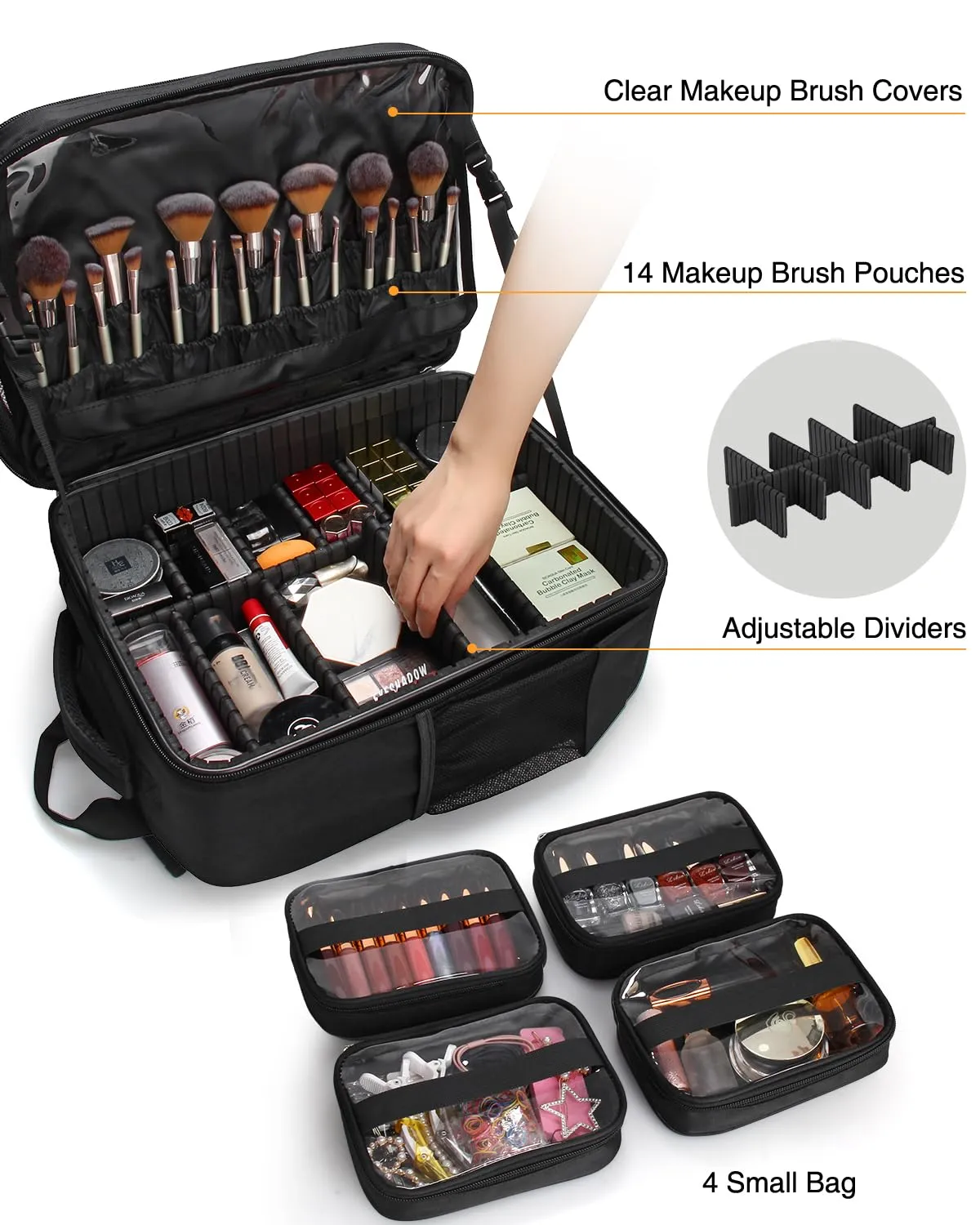 Makeup Backpack Makeup Artist Bag Professional Makeup Bag Extra Large Makeup Case Travel Train Case Storage Organizer Large Capacity Cosmetic Case with 4 Small Bag (Black, Large)