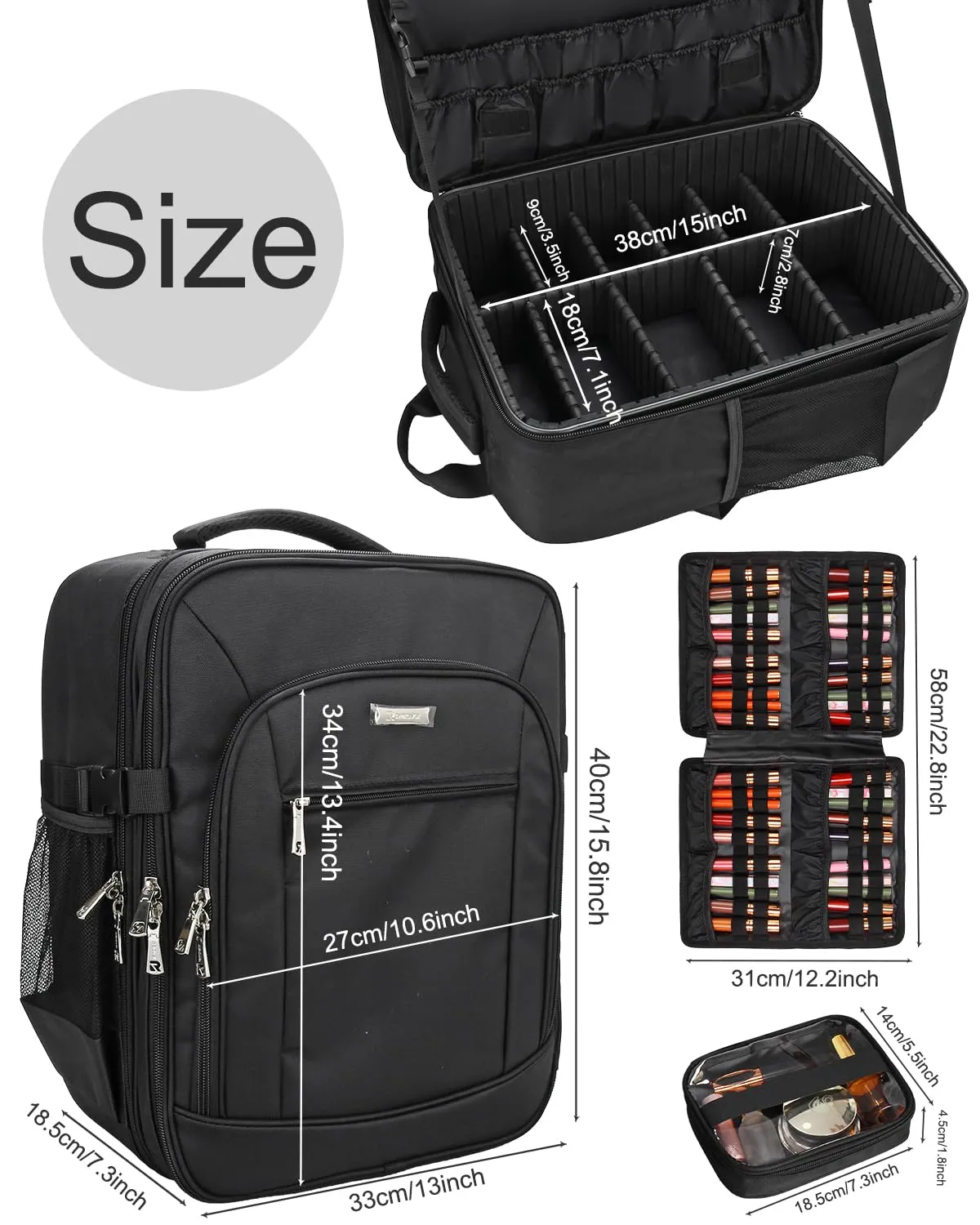 Makeup Backpack Makeup Artist Bag Professional Makeup Bag Extra Large Makeup Case Travel Train Case Storage Organizer Large Capacity Cosmetic Case with 4 Small Bag (Black, Large)