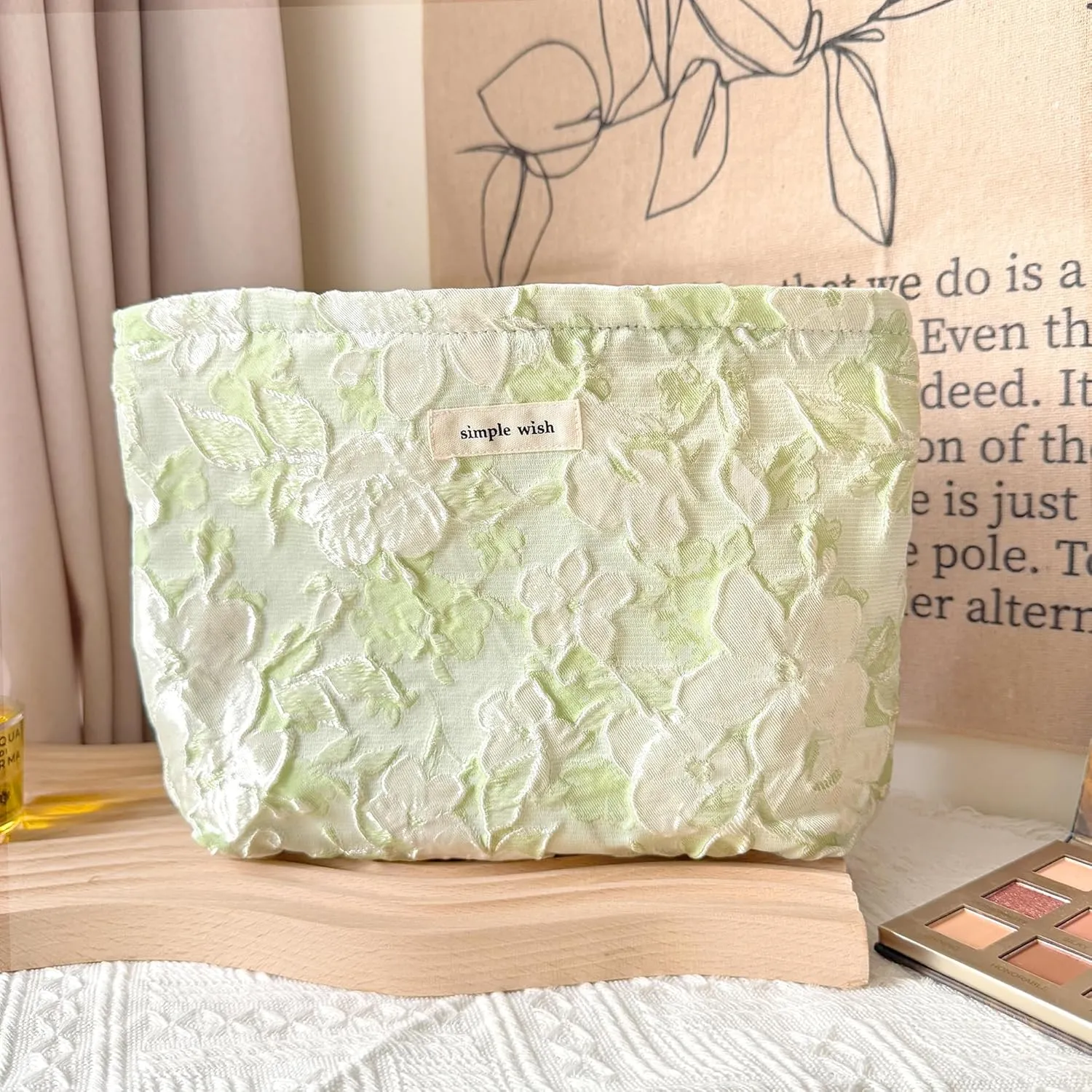 Makeup Bag Cosmetic bag Preppy Canvas Embroidery Toiletry Bag for women Cute zipper pouch Organizer Travel accessories (01-Green Embossing, Large)