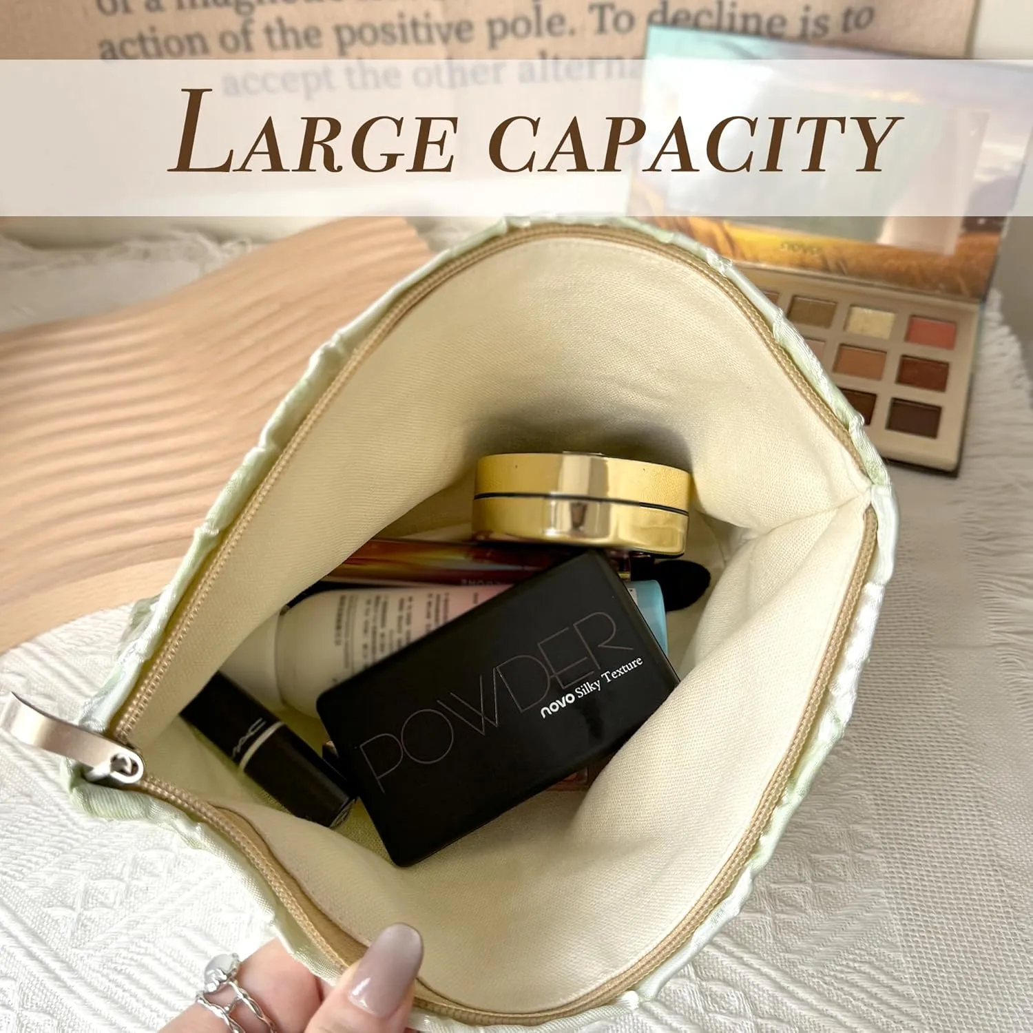 Makeup Bag Cosmetic bag Preppy Canvas Embroidery Toiletry Bag for women Cute zipper pouch Organizer Travel accessories (01-Green Embossing, Large)