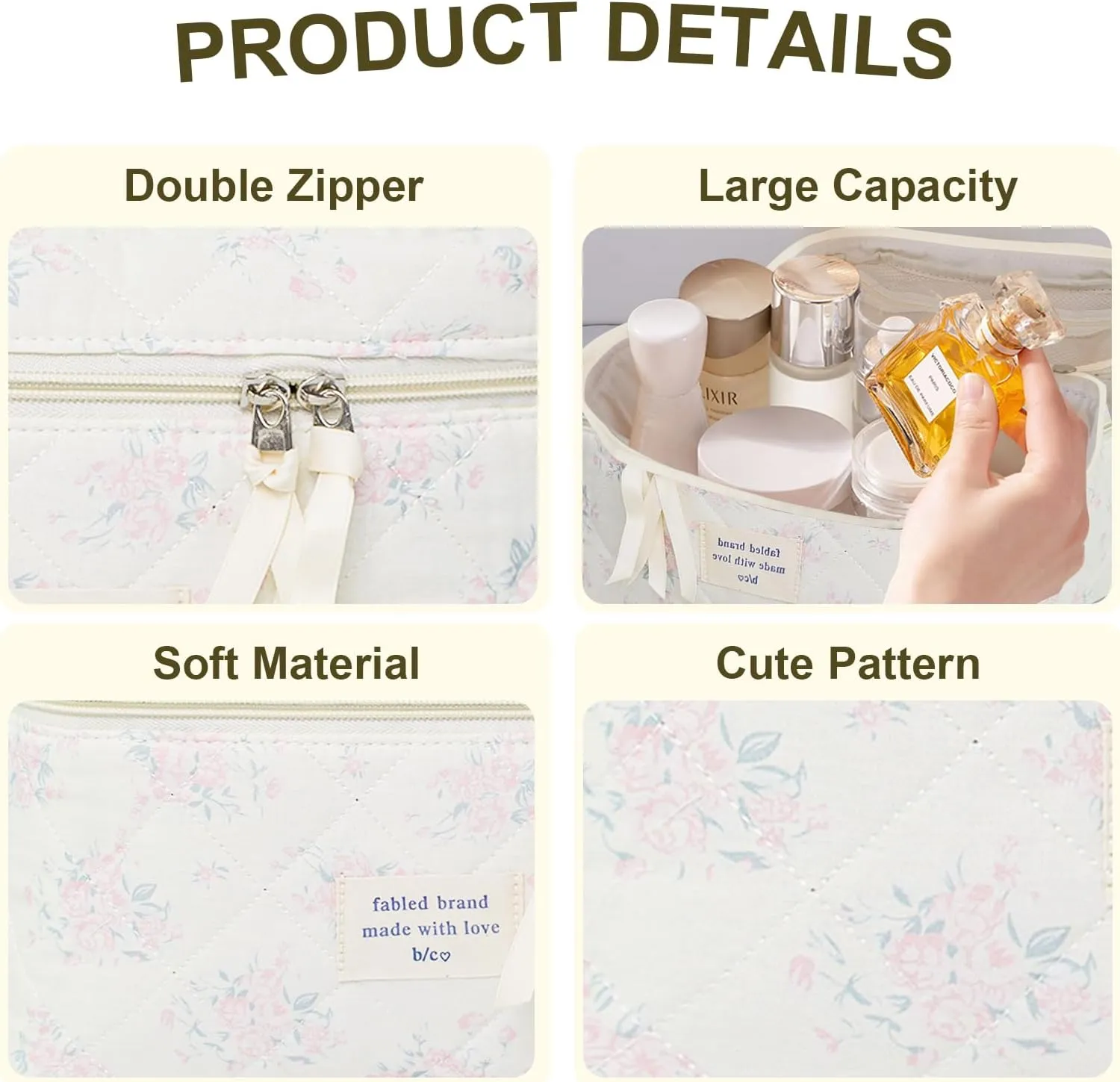 Makeup Bag, Floral Quilted Cosmetic Bag, Large Travel Aesthetic Make up Bag, Cute Coquette Toiletry Bag for Women Girls