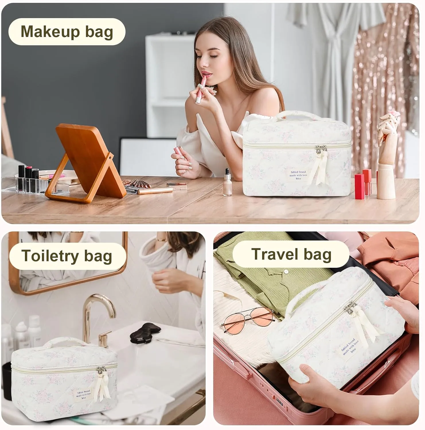 Makeup Bag, Floral Quilted Cosmetic Bag, Large Travel Aesthetic Make up Bag, Cute Coquette Toiletry Bag for Women Girls