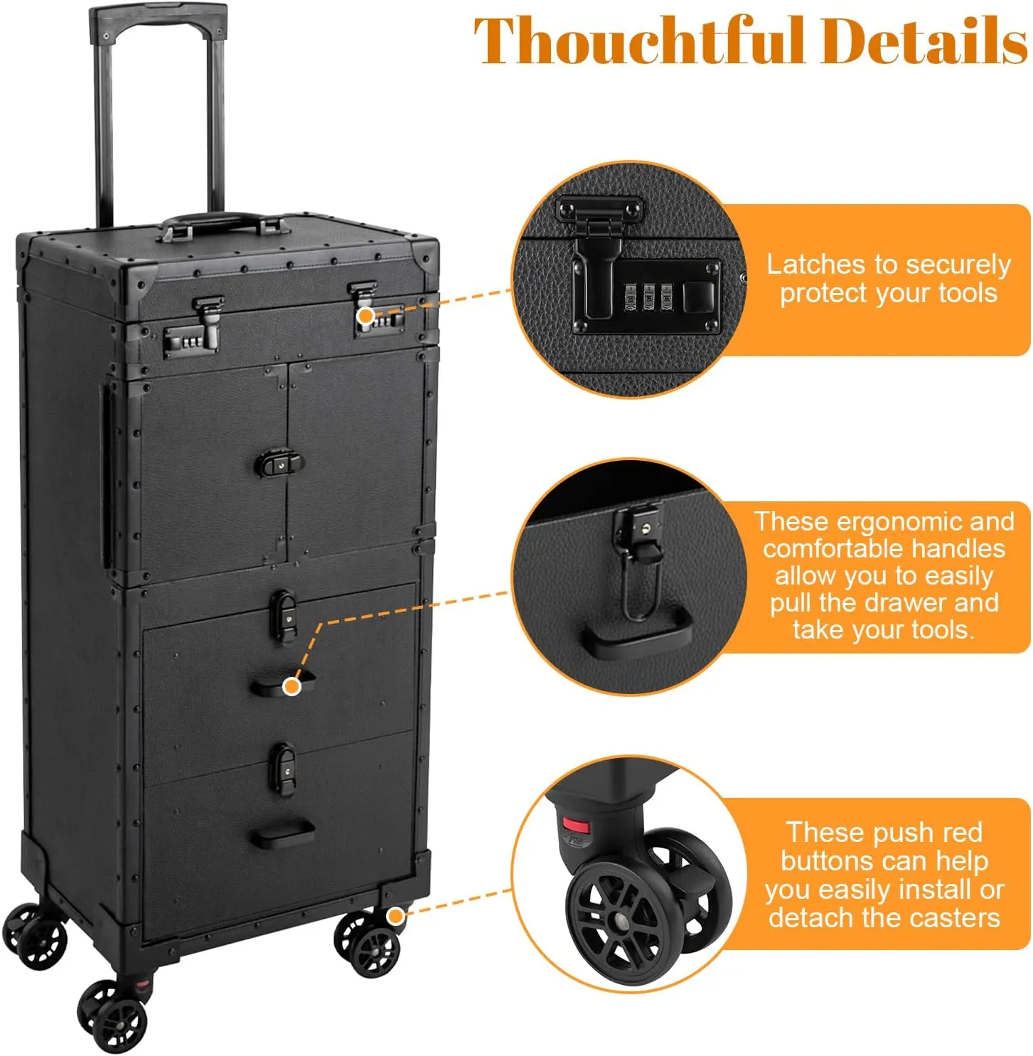 Makeup Rolling Case Professional Makeup Case with 360° Swivel Wheels Cosmetic Rolling Case Rolling Nail Case for Make Up Nail Hairstylists (Black)