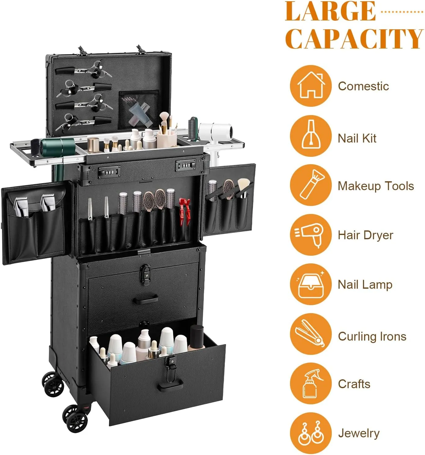 Makeup Rolling Case Professional Makeup Case with 360° Swivel Wheels Cosmetic Rolling Case Rolling Nail Case for Make Up Nail Hairstylists (Black)
