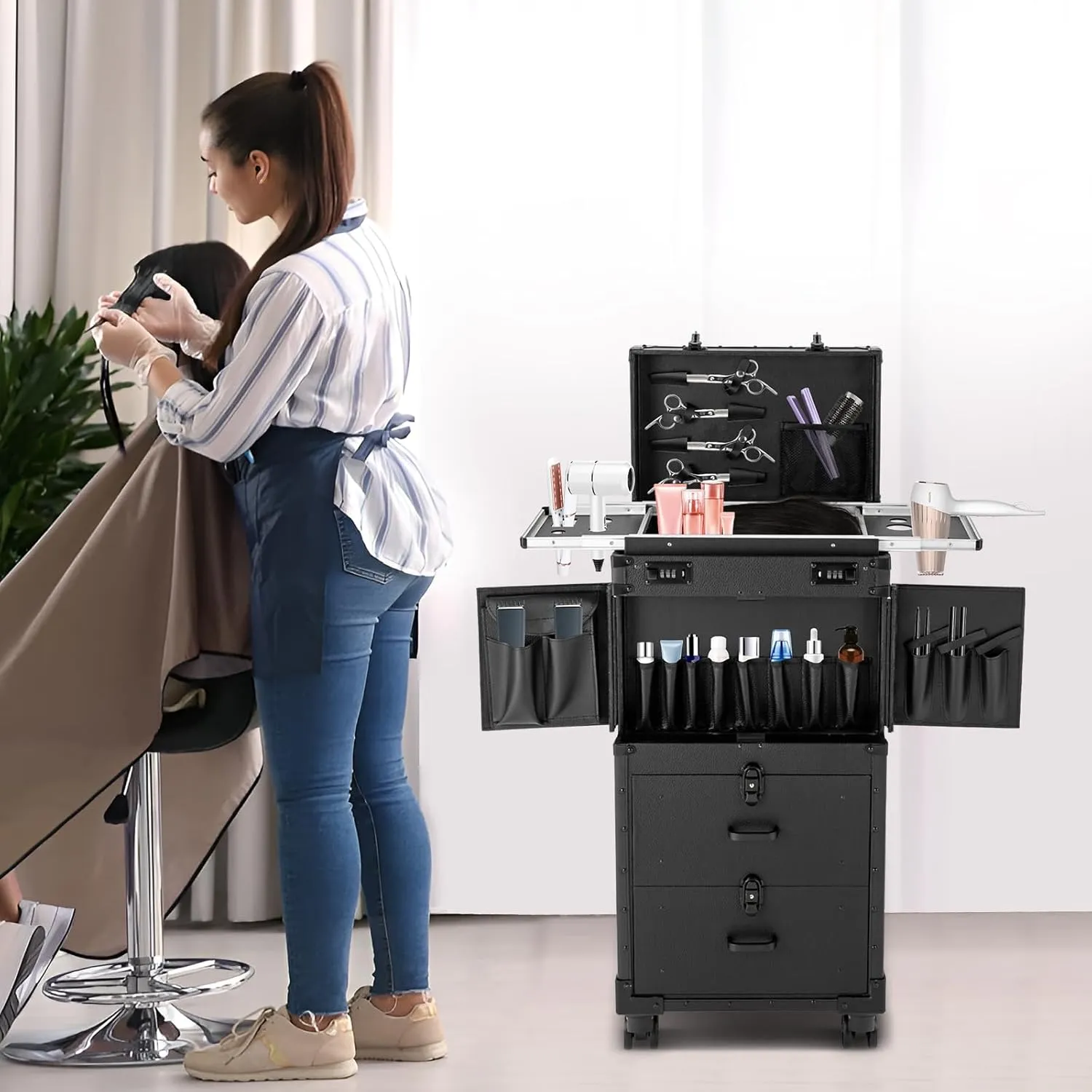 Makeup Rolling Case Professional Makeup Case with 360° Swivel Wheels Cosmetic Rolling Case Rolling Nail Case for Make Up Nail Hairstylists (Black)