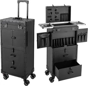 Makeup Rolling Case Professional Makeup Case with 360° Swivel Wheels Cosmetic Rolling Case Rolling Nail Case for Make Up Nail Hairstylists (Black)