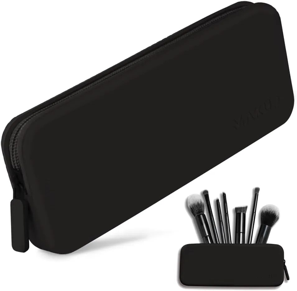 MAKUP Silicone Makeup Bag, Makeup Brush Holder with Zipper for Organizing Cosmetics, Makeup Brushes, Tools and Pencils, Washable Makeup Brush Holder Pouch for Travel (Black Out)