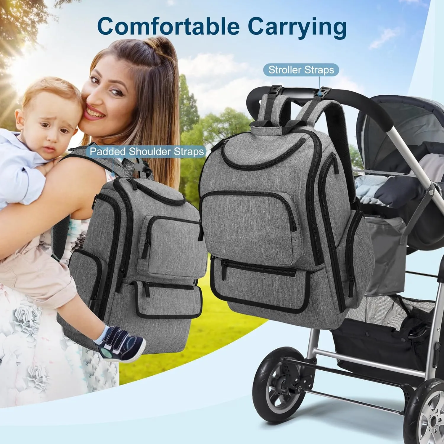 Mancro Diaper Bag Backpack, Baby Diaper Bag with 2 Side Insulated Pockets, Travel Diaper Backpack for Men Women with Stroller Straps, Large Capacity and Waterproof, Grey