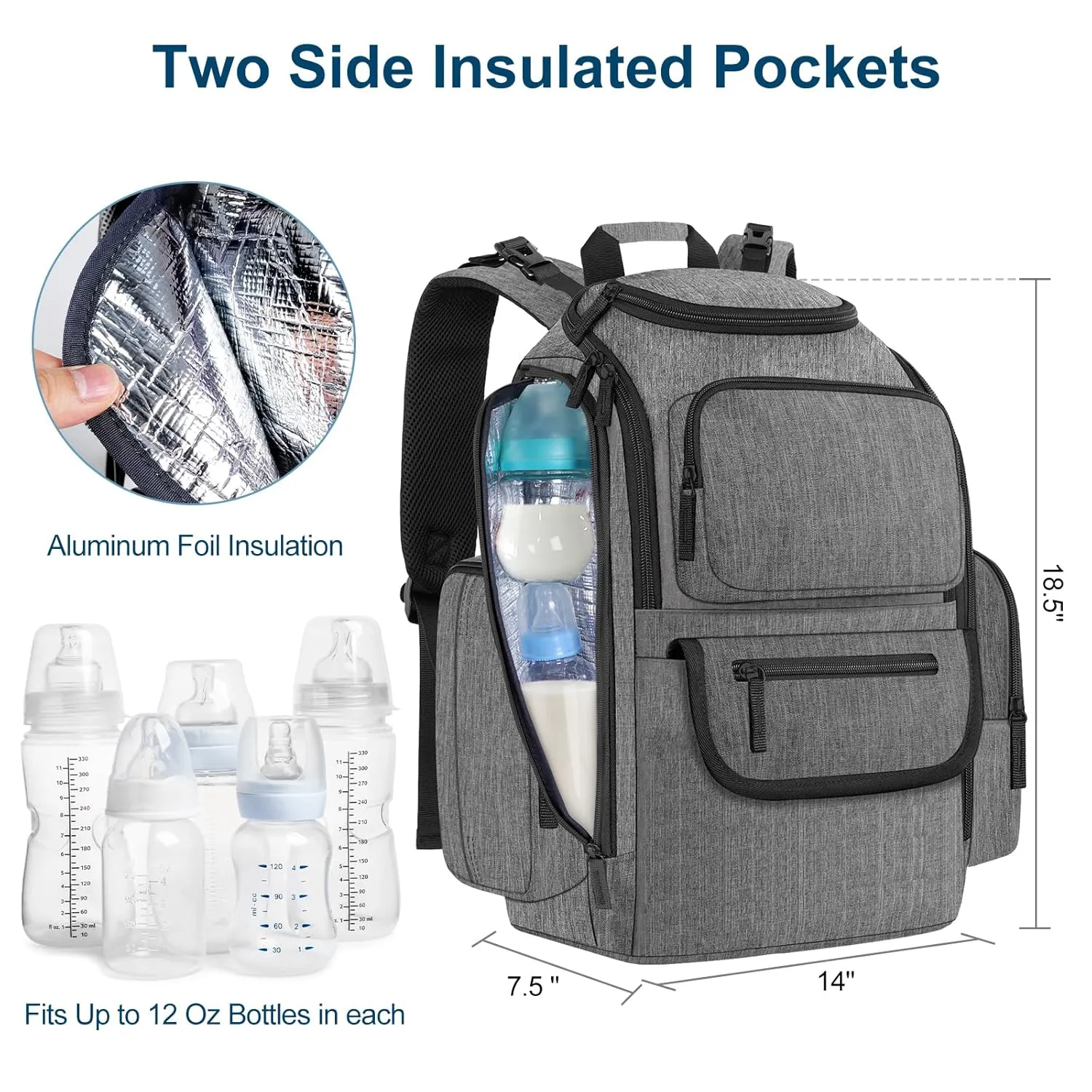 Mancro Diaper Bag Backpack, Baby Diaper Bag with 2 Side Insulated Pockets, Travel Diaper Backpack for Men Women with Stroller Straps, Large Capacity and Waterproof, Grey