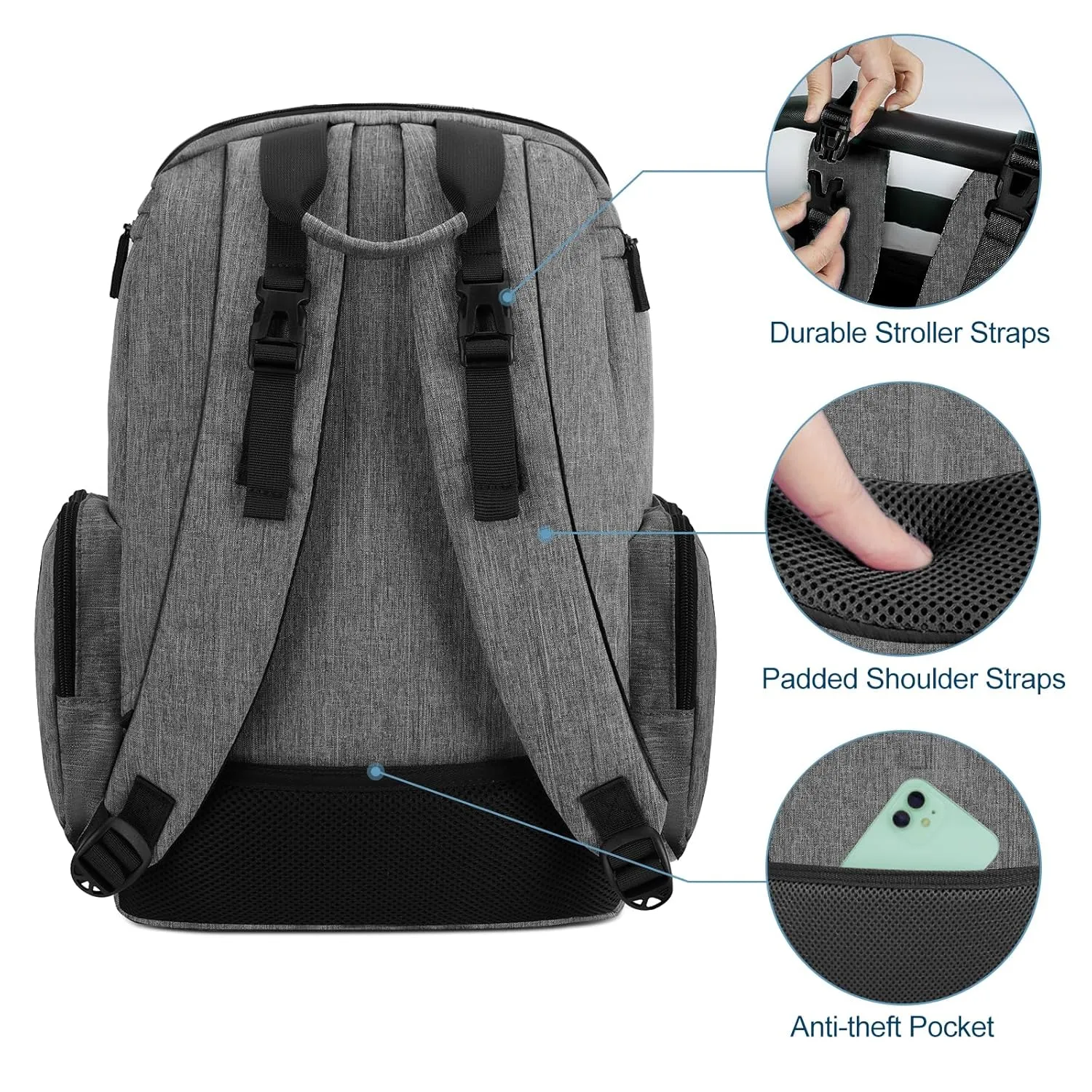 Mancro Diaper Bag Backpack, Baby Diaper Bag with 2 Side Insulated Pockets, Travel Diaper Backpack for Men Women with Stroller Straps, Large Capacity and Waterproof, Grey