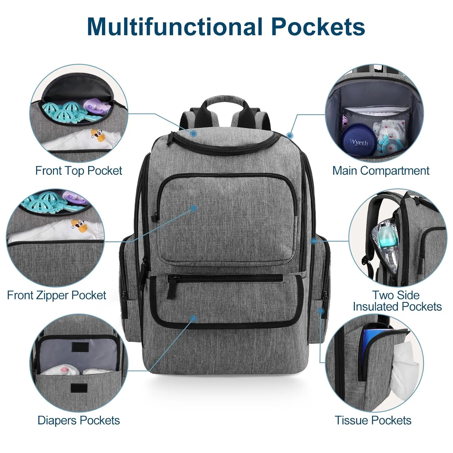 Mancro Diaper Bag Backpack, Baby Diaper Bag with 2 Side Insulated Pockets, Travel Diaper Backpack for Men Women with Stroller Straps, Large Capacity and Waterproof, Grey