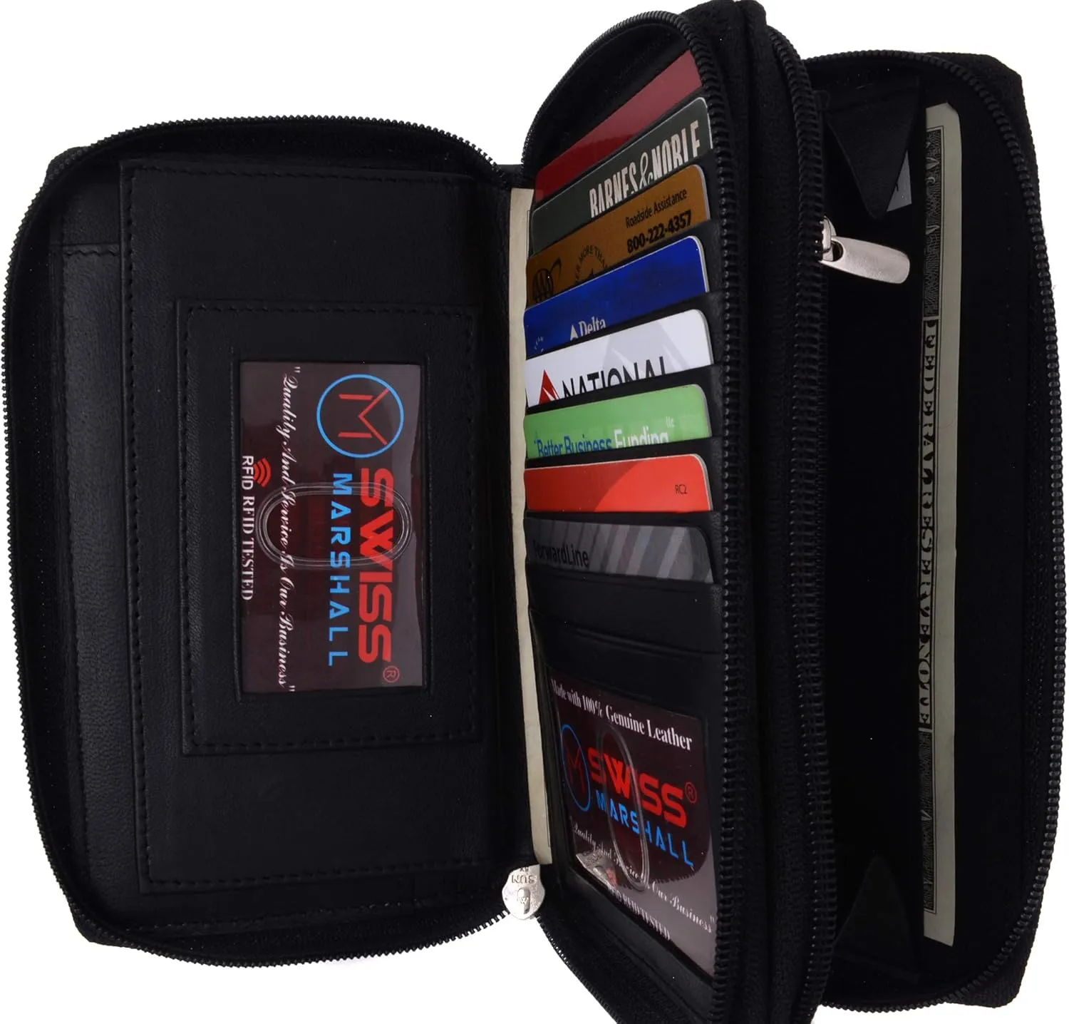 MARSHAL Genuine Leather Double Zipper Clutch Checkbook Wallet for Women #4575CF (RFID Black)