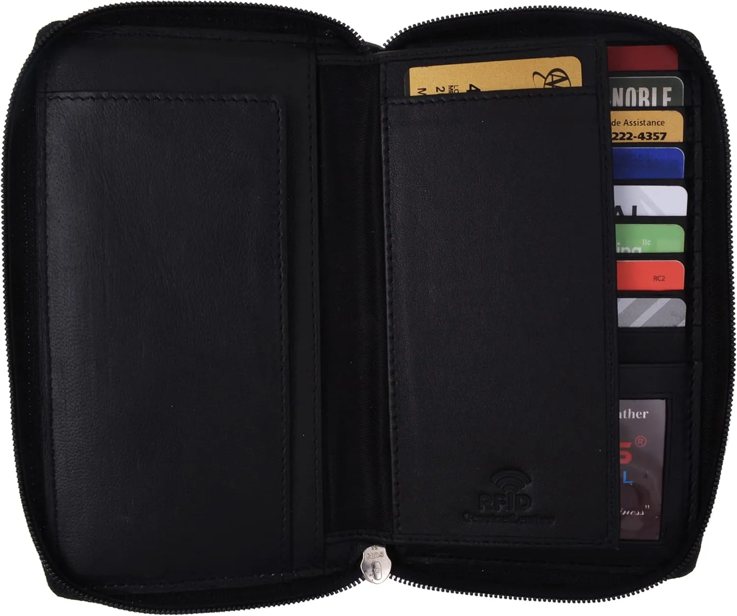 MARSHAL Genuine Leather Double Zipper Clutch Checkbook Wallet for Women #4575CF (RFID Black)