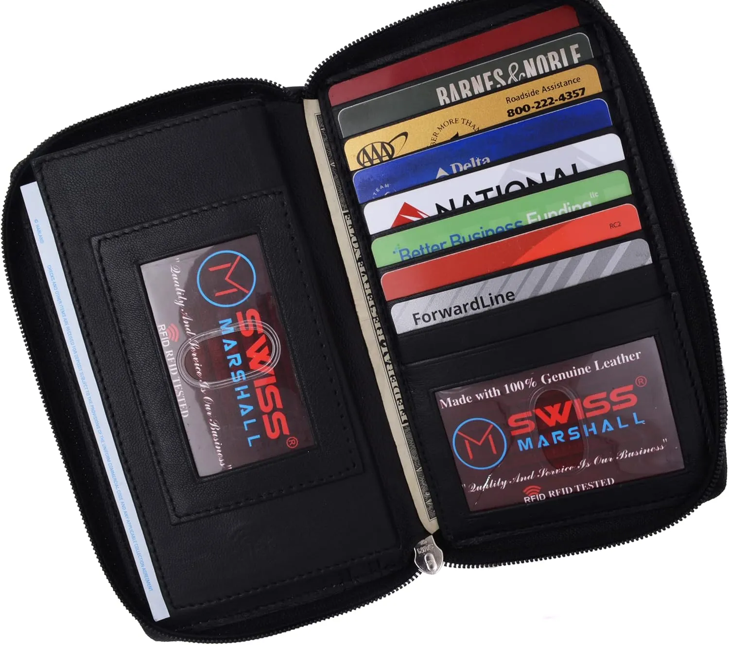 MARSHAL Genuine Leather Double Zipper Clutch Checkbook Wallet for Women #4575CF (RFID Black)