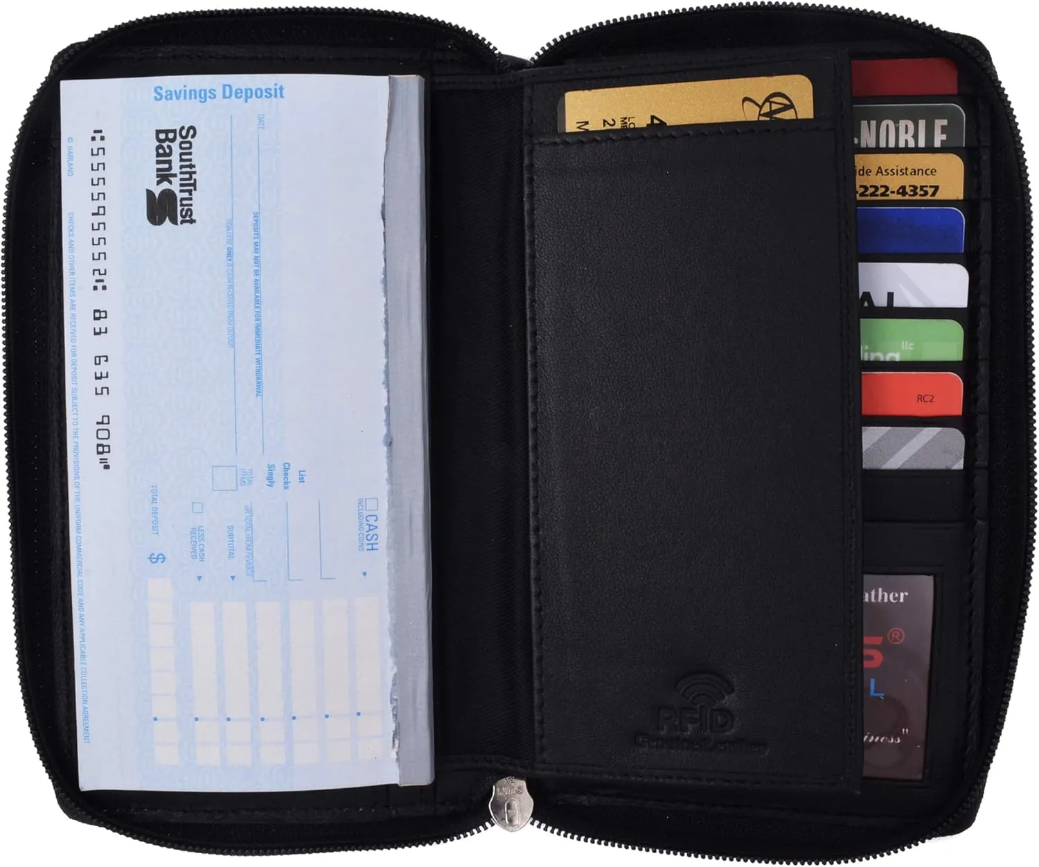 MARSHAL Genuine Leather Double Zipper Clutch Checkbook Wallet for Women #4575CF (RFID Black)