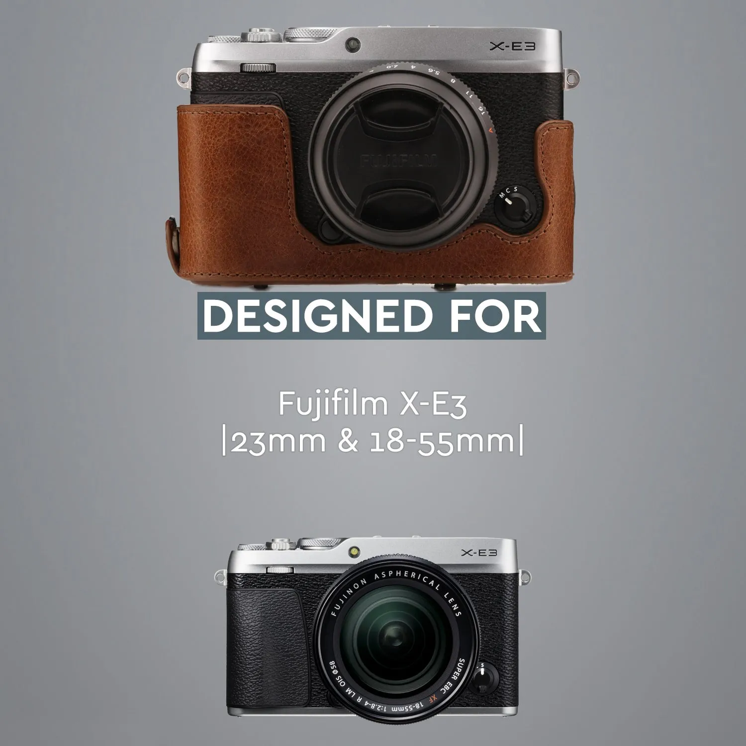 MegaGear Fujifilm X-E3 (23mm & 18-55mm) Ever Ready Top Grain Leather Camera Case and Strap