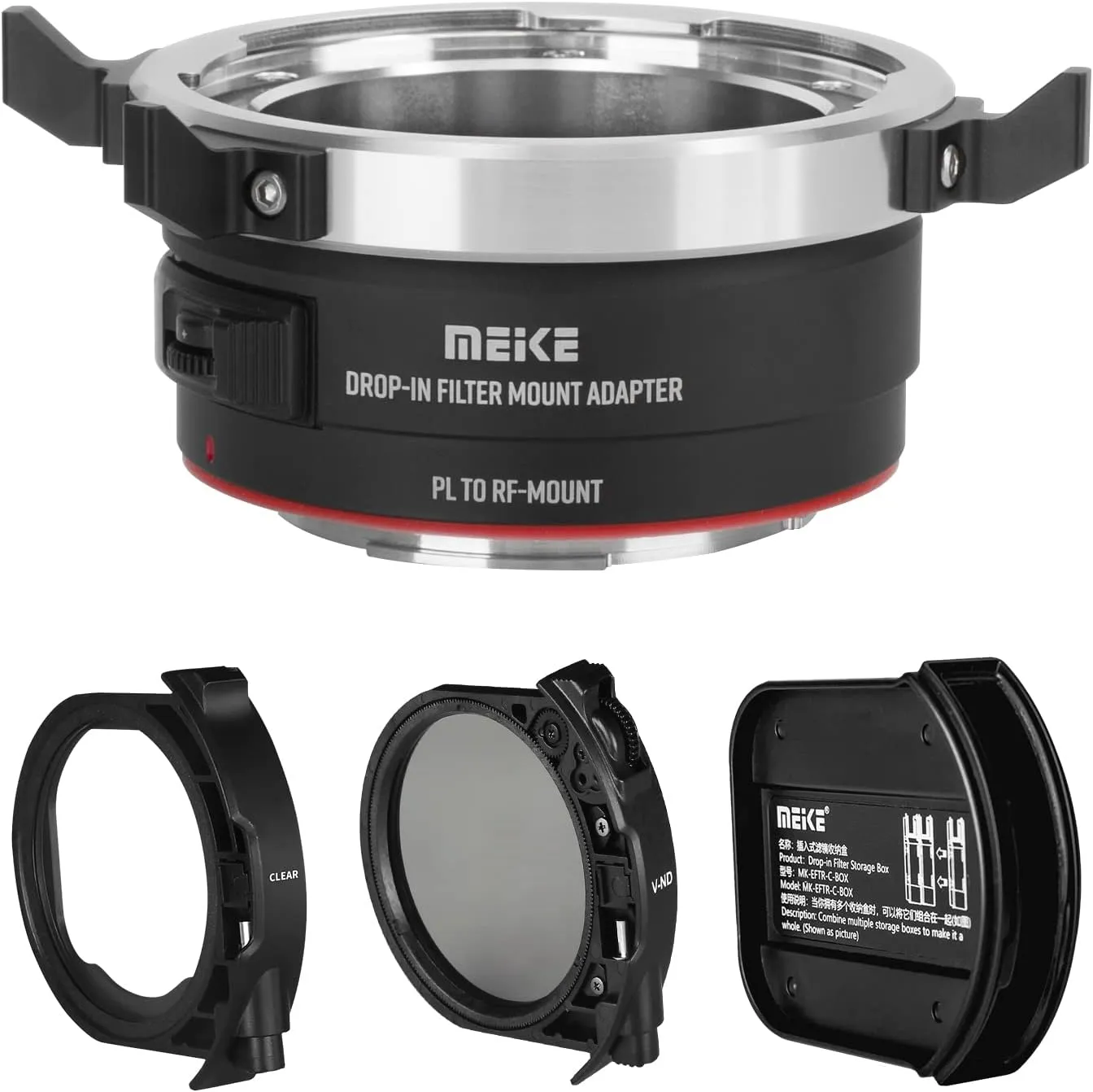 Meike MK-PLTRF-C Drop-in Filter Manual Focus Mount Adapter with Variable ND and UV Filters for ARRI PL-Mount Cine Lenses to Canon RF Mount Cameras EOS-R EOS-RP R5 R6 R7 R10 C70 Komodo
