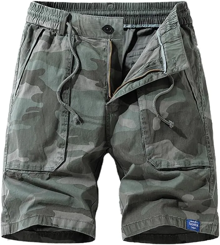 Men's Camouflage Tactical Cargo Shorts Summer Large Pockets Drawstring Cotton Hiking Shorts