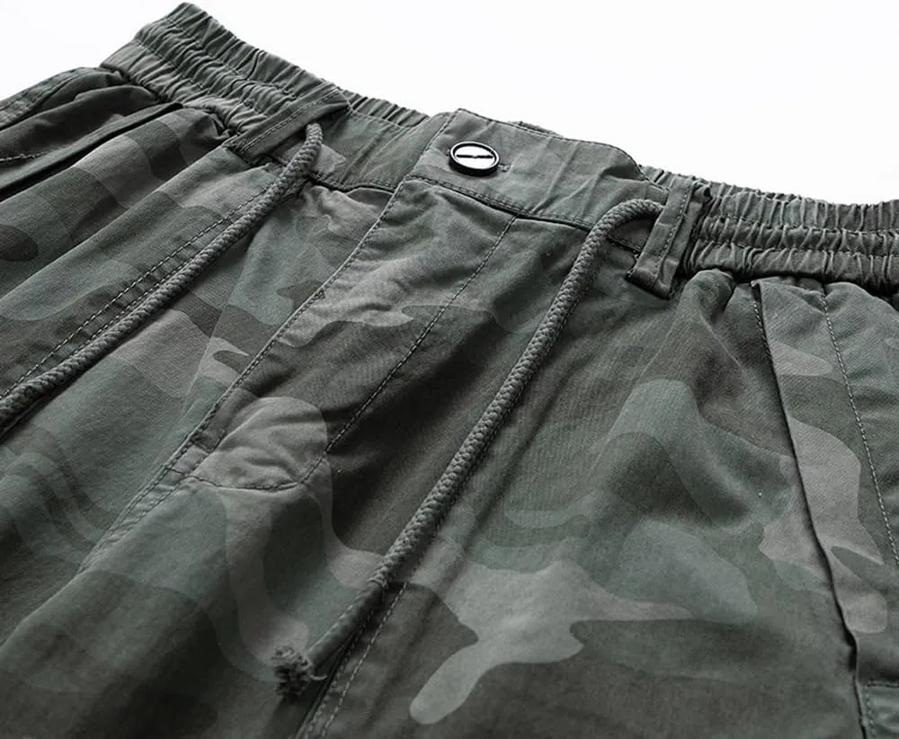 Men's Camouflage Tactical Cargo Shorts Summer Large Pockets Drawstring Cotton Hiking Shorts