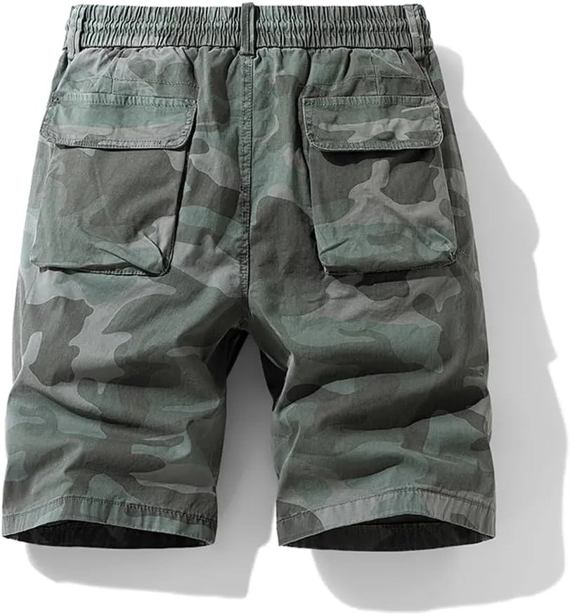 Men's Camouflage Tactical Cargo Shorts Summer Large Pockets Drawstring Cotton Hiking Shorts