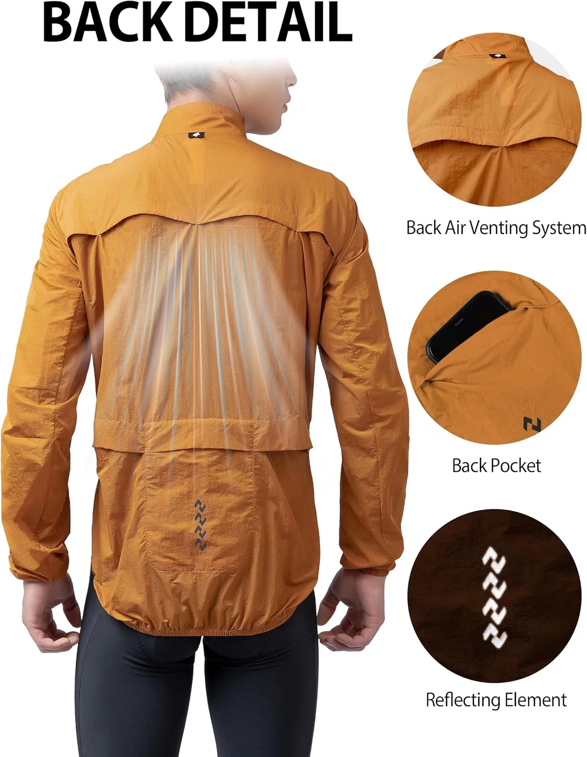 Men's Cycling Jacket Windbreaker Lightweight Packable Breathable Cycling Bike Jacket with Reflective Strips Hiking