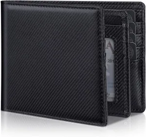 Mens Genuine Leather Bifold RFID Blocking Wallet with 14 Card Slots, ID Window & 2 Cash Pocket - Includes Gift Box (Modern Black)