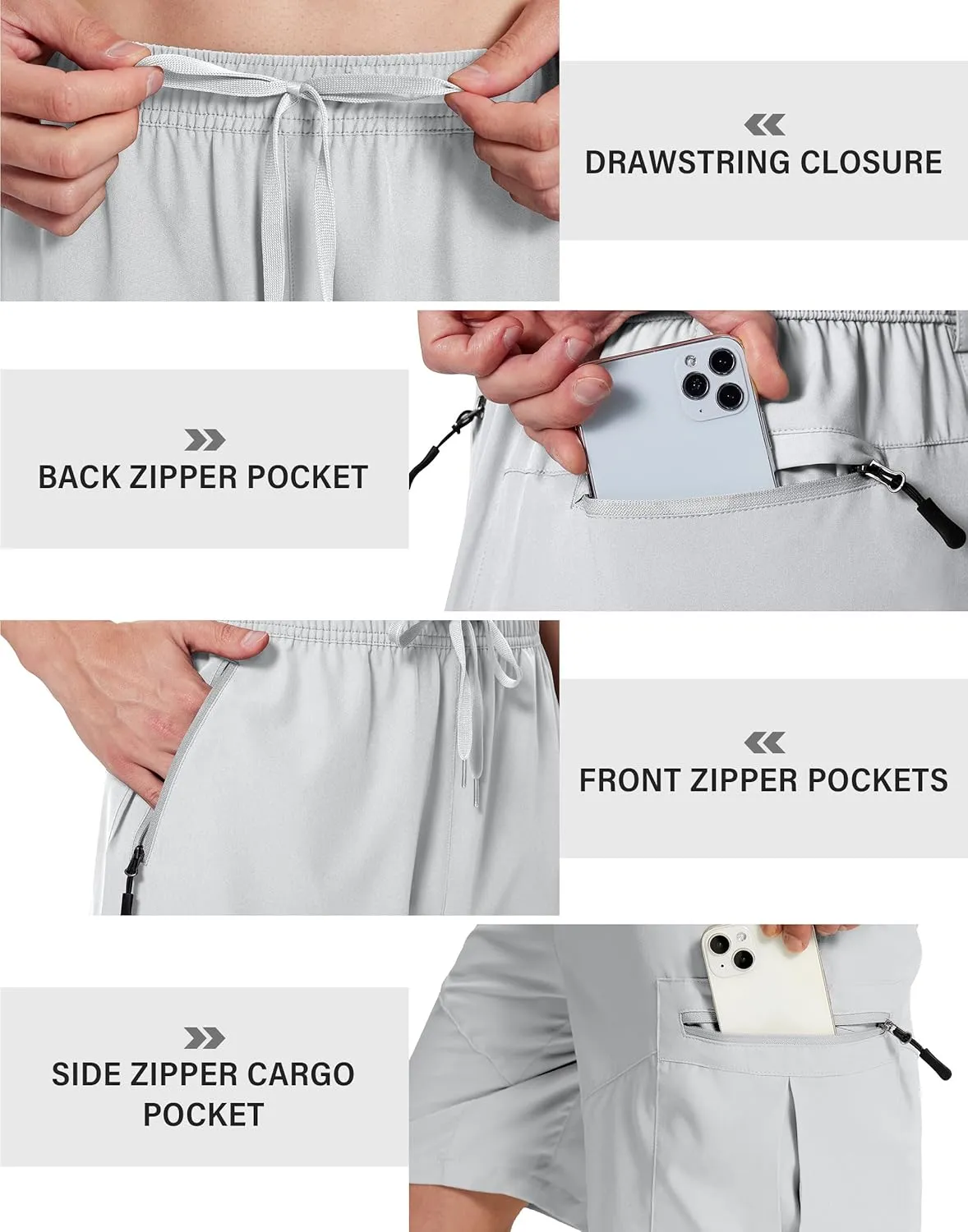 Mens Hiking Cargo Shorts 9 Inch with Zipper Pockets Quick Dry Stretch Lightweight Drawstring for Outdoor Fishing