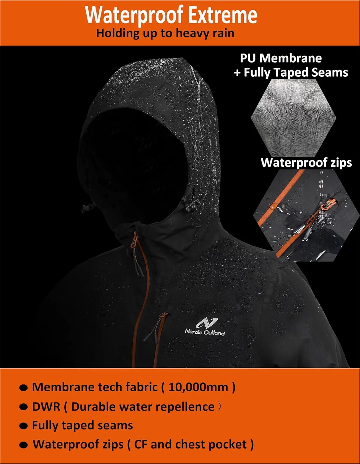 Mens Lightweight Hooded Waterproof Rain Jacket Breathable Raincoat Shell for Outdoor Mountain Hiking