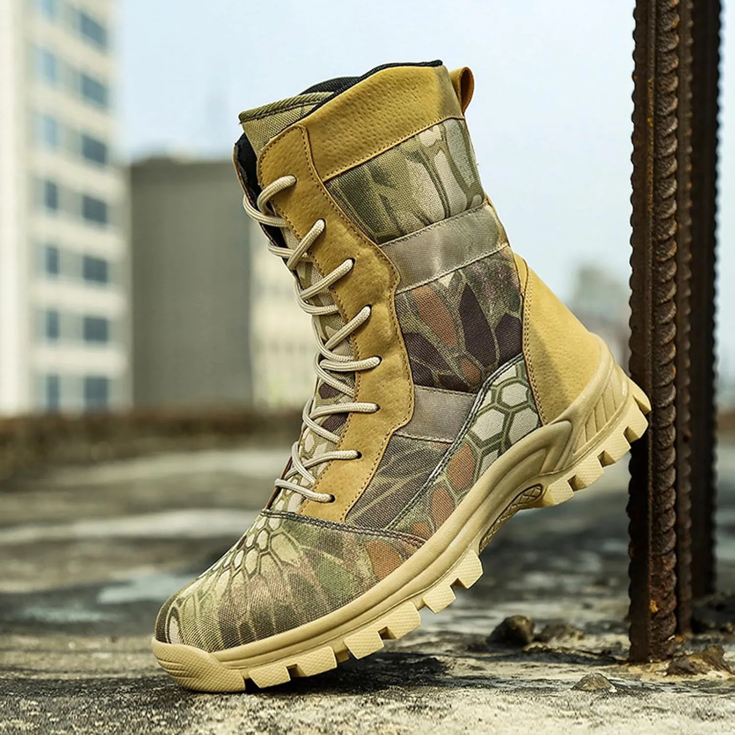 Men's Waterproof Hiking Boots Platform Round toe Lace-up Non-slip Camping Trail High Combat Boots Outdoor Desert Boots