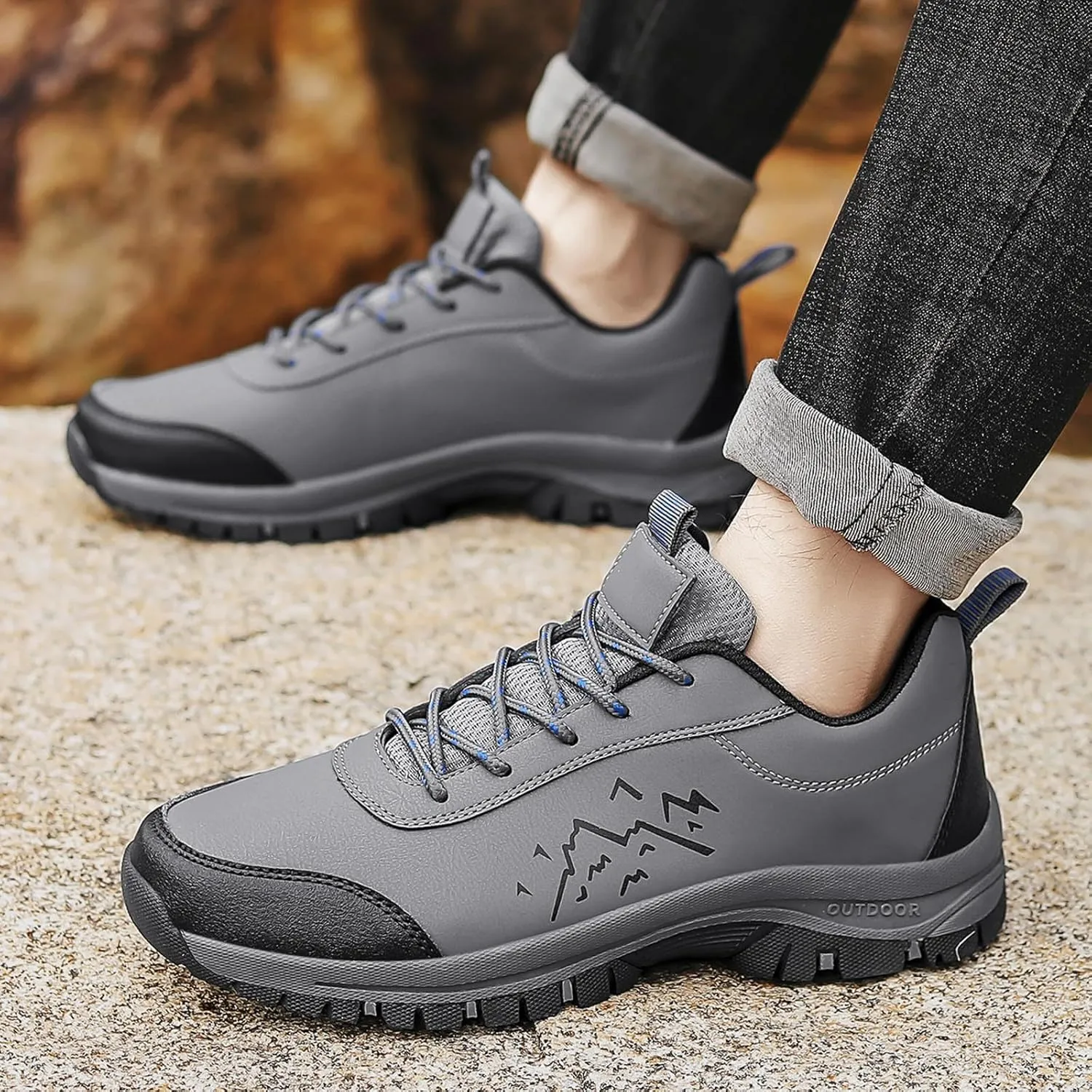 Men's Waterproof Hiking Shoes Comfortable Leather Low-Top Hiking Shoes for Outdoor Climbing Trekking Camping Walking with Arch Support Camping Travel Sneakers