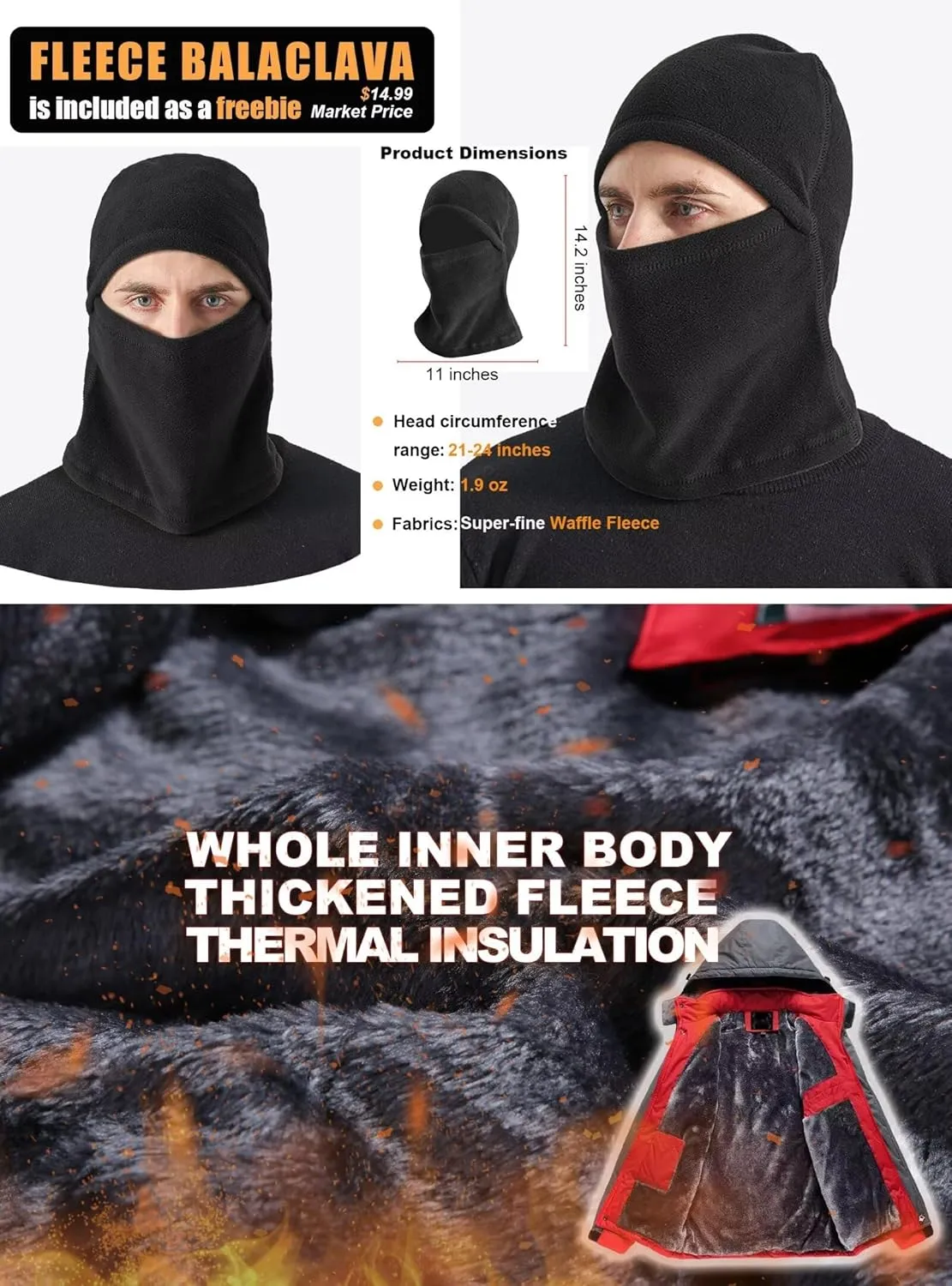 Men's Winter Coats,Fleece-Lined,With Fleece Balaclava,Waterproof&Windproof,Ski Snow Jackets