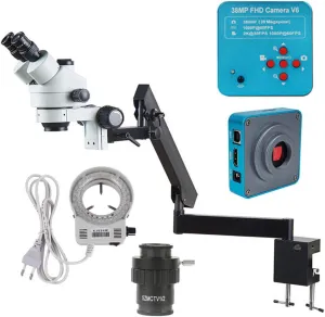 Microscope Camera Industrial Trinocular Stereo Microscope 3.5X-180X Zoom Articulating Arm Pillar Clamp 38MP HDMI Video Camera for PCB Board CPU Repair Soldering