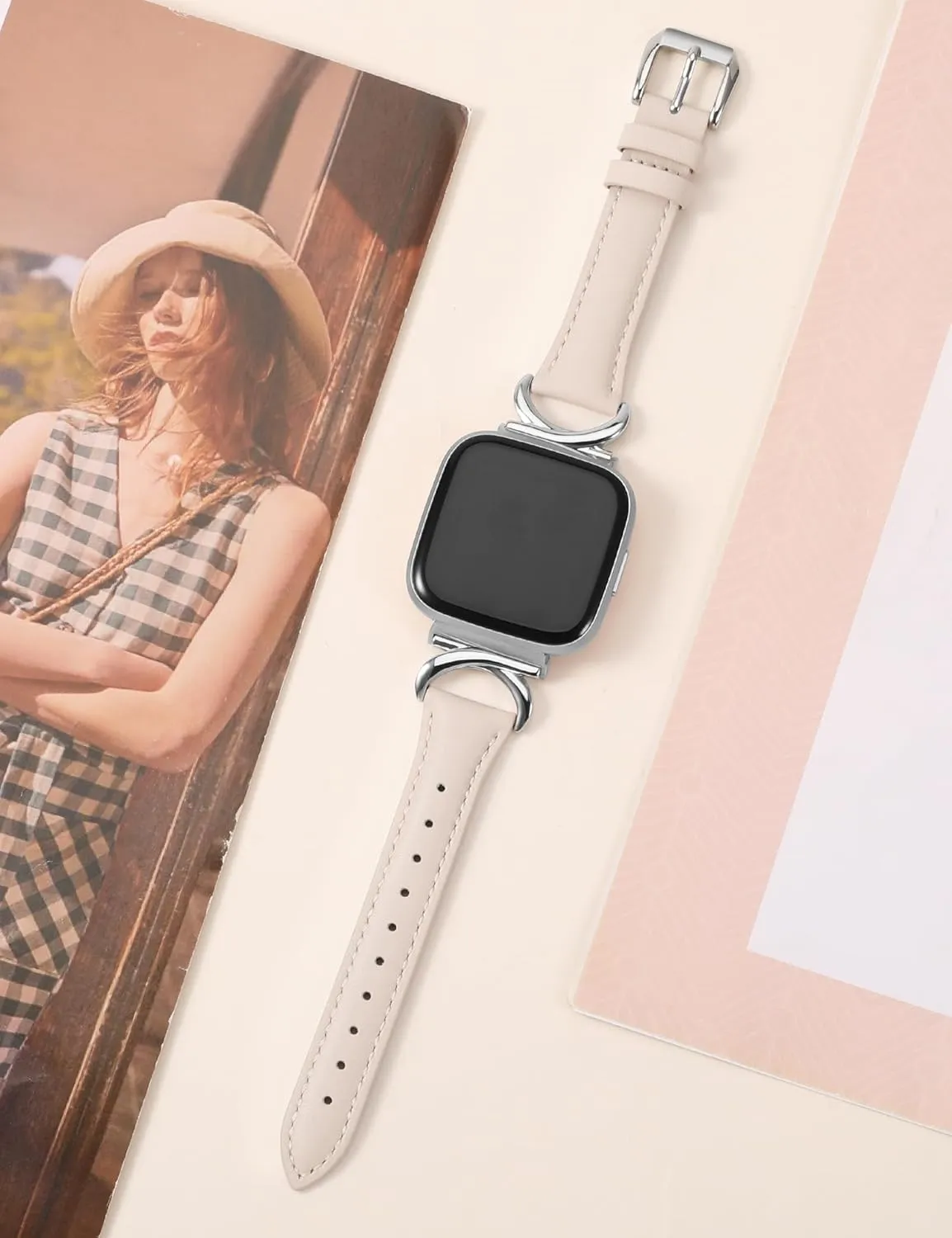 Minyee Leather Band Compatible with Fitbit Versa 2/Fitbit Versa/Versa Lite Bands Women, Slim Thin Dressy Designer Premium Leather Strap with C-Shape Metal Buckle for Versa 2 Smartwatch Accessories