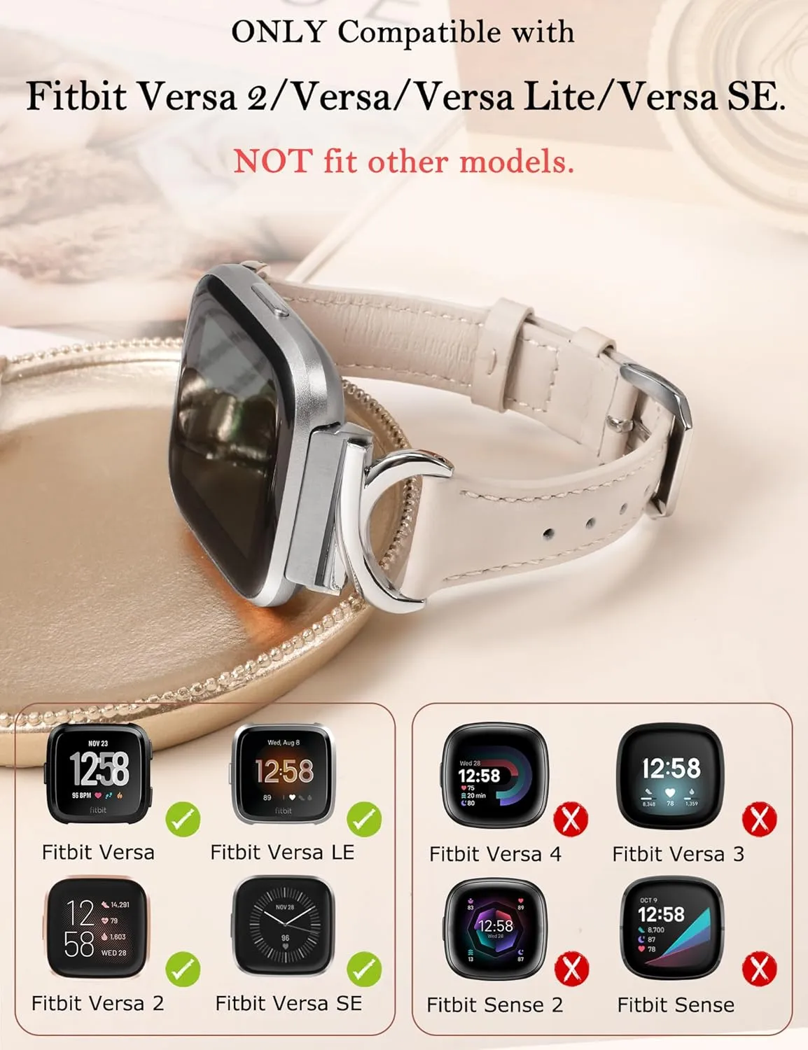 Minyee Leather Band Compatible with Fitbit Versa 2/Fitbit Versa/Versa Lite Bands Women, Slim Thin Dressy Designer Premium Leather Strap with C-Shape Metal Buckle for Versa 2 Smartwatch Accessories